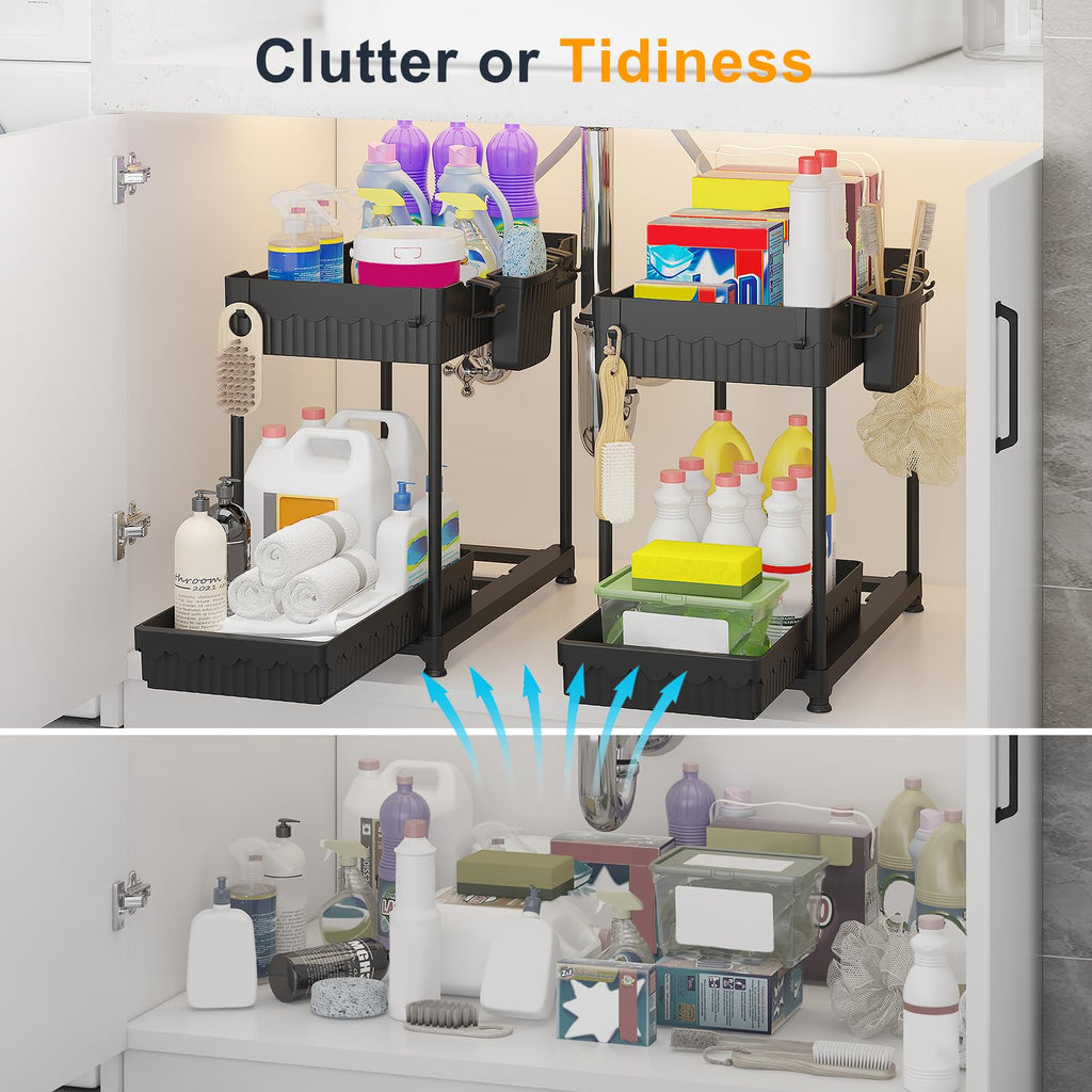 Sevenblue 2 Packs Under Sink Organizer, Height Adjustable 2 Tier Under Kitchen Sink Organizer, Multi-Purpose Storage Shelf for Kitchen Bathroom Cabinet (Black, Large)