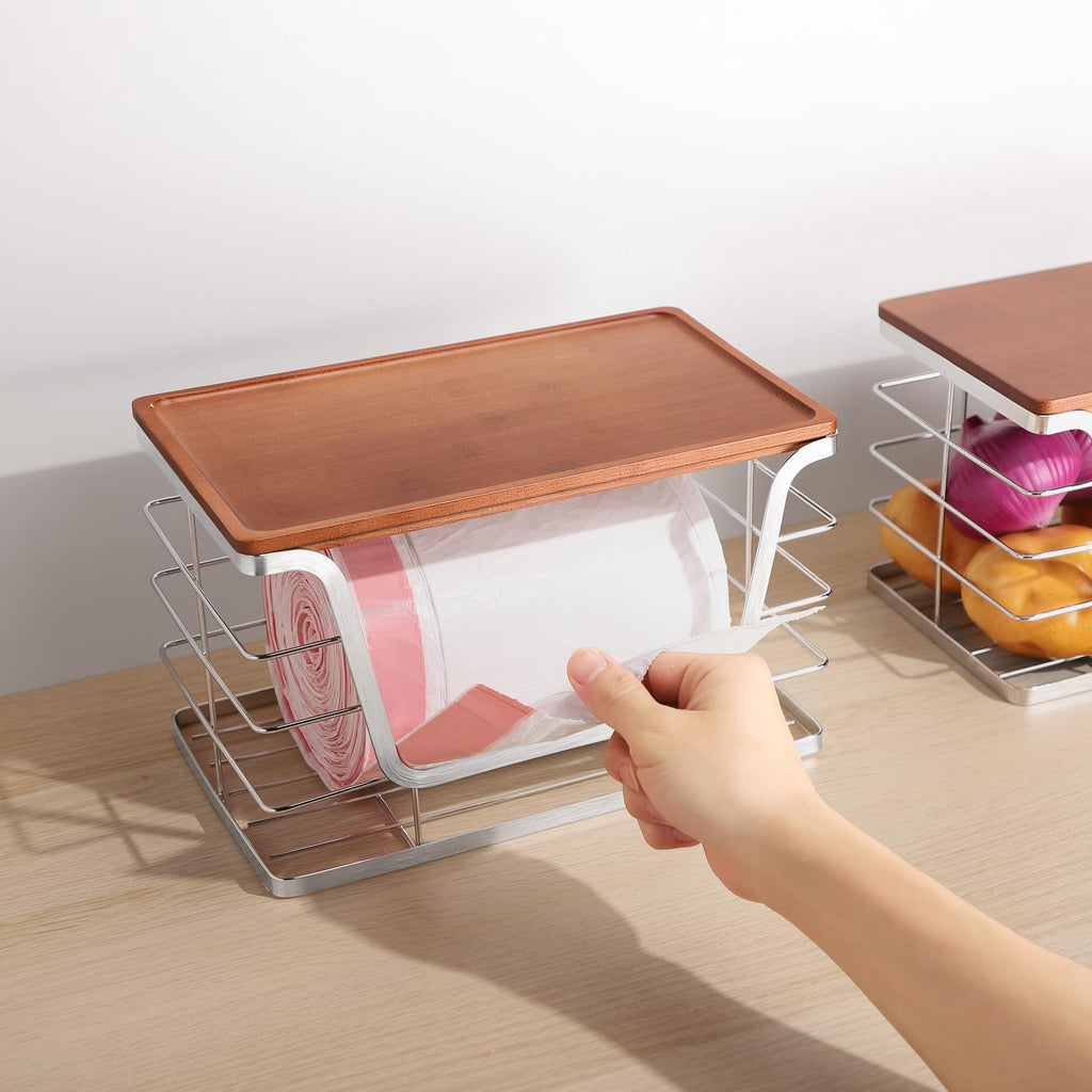 ALOCEO 2 Pack Storage Stackable Kitchen Laundry Organizers with Bamboo Top, Large Trash Bag Holder and Small Garbage Bag Dispenser for Countertop Organization