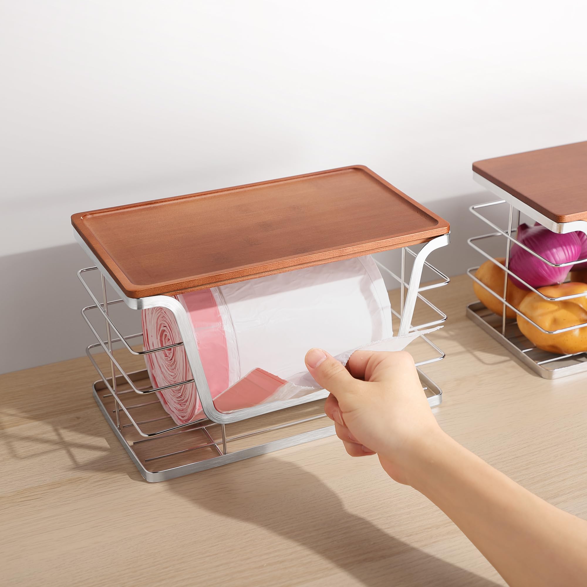 ALOCEO 2 Pack Storage Stackable Kitchen Laundry Organizers with Bamboo Top, Large Trash Bag Holder and Small Garbage Bag Dispenser for Countertop Organization