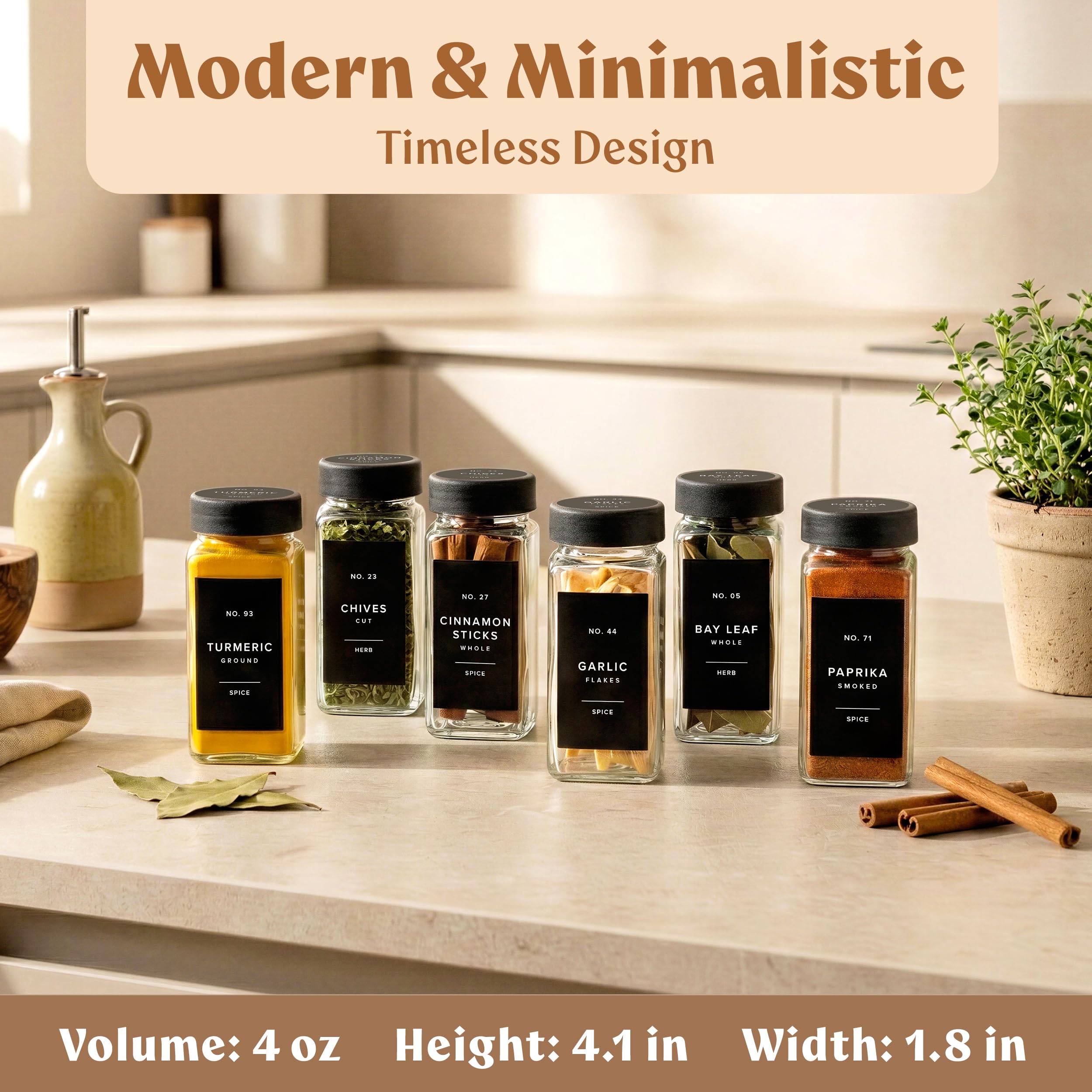 EDELHAUS Glass Spice Jars with Labels (24 x 4oz) Spice Containers with 240 Labels, Shaker Inserts, Funnel, Empty Square Empty Square Seasoning Organizer (Black Lids)