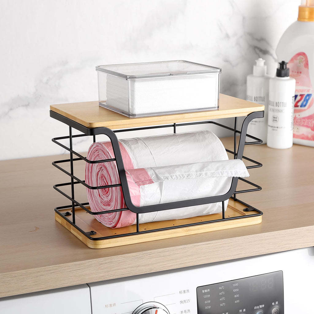 ALOCEO 2 Pack Storage Stackable Kitchen Laundry Organizers with Bamboo Top, Large Trash Bag Holder and Small Garbage Bag Dispenser for Countertop Organization