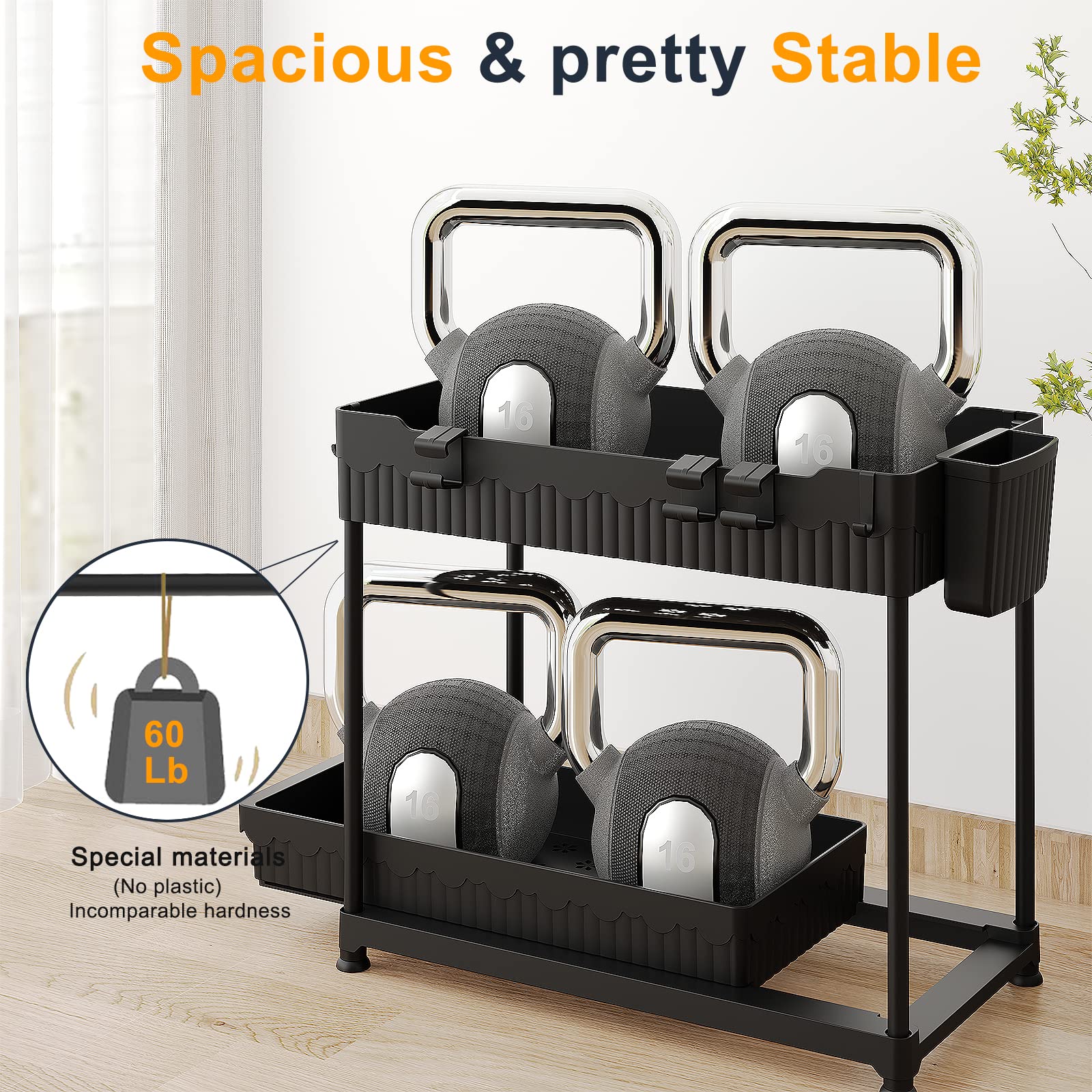 Sevenblue 2 Packs Under Sink Organizer, Height Adjustable 2 Tier Under Kitchen Sink Organizer, Multi-Purpose Storage Shelf for Kitchen Bathroom Cabinet (Black, Large)