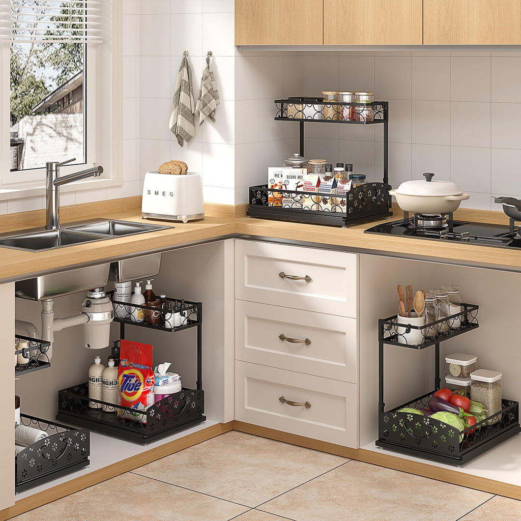Sevenblue 2 Packs Under Sink Organizer, Height Adjustable 2 Tier Under Kitchen Sink Organizer, Multi-Purpose Storage Shelf for Kitchen Bathroom Cabinet (Black, Large)