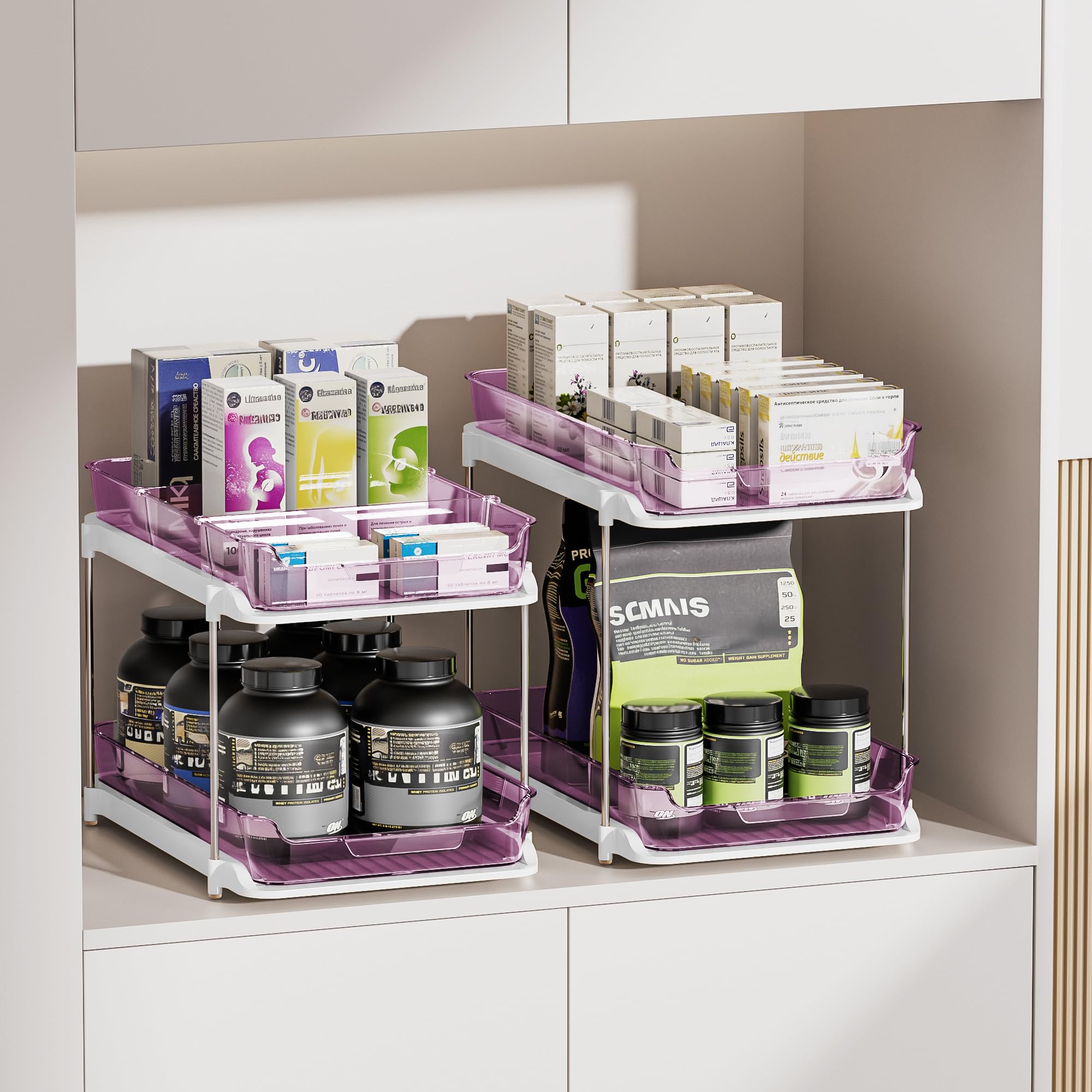 Delamu 2-Tier Multi-Purpose Bathroom Under Sink Organizers and Storage, Stackable Kitchen Pantry Organization, Pull Out Medicine Cabinet Organizer with Movable Dividers, White, 2 Pack
