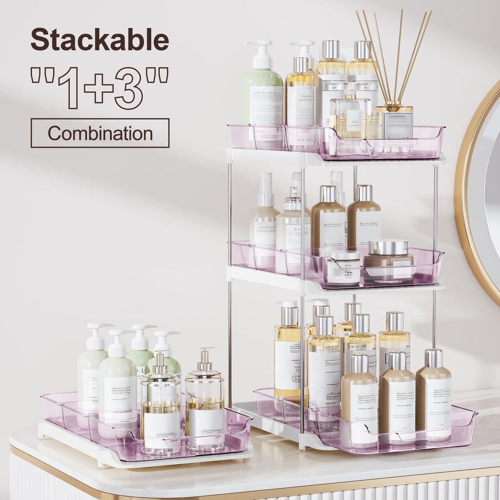 Delamu 2-Tier Multi-Purpose Bathroom Under Sink Organizers and Storage, Stackable Kitchen Pantry Organization, Pull Out Medicine Cabinet Organizer with Movable Dividers, White, 2 Pack