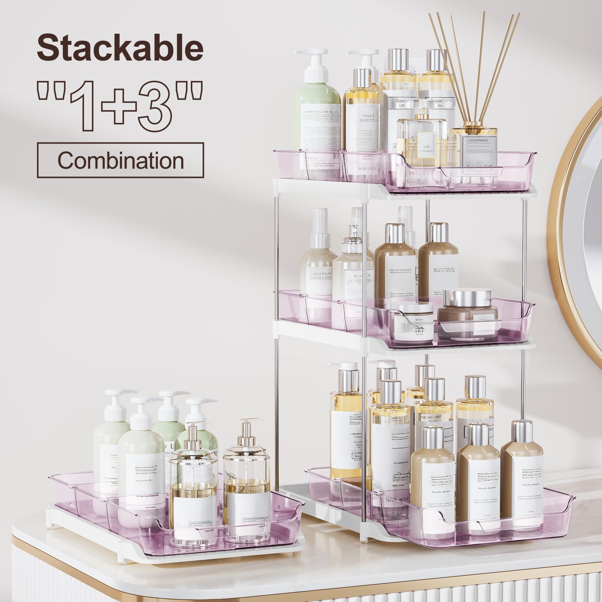 Delamu 2-Tier Multi-Purpose Bathroom Under Sink Organizers and Storage, Stackable Kitchen Pantry Organization, Pull Out Medicine Cabinet Organizer with Movable Dividers, White, 2 Pack