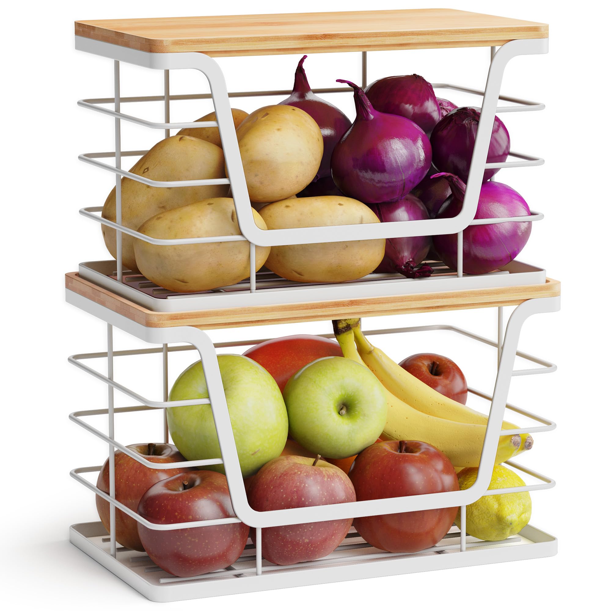 ALOCEO 2 Pack Storage Stackable Kitchen Laundry Organizers with Bamboo Top, Large Trash Bag Holder and Small Garbage Bag Dispenser for Countertop Organization