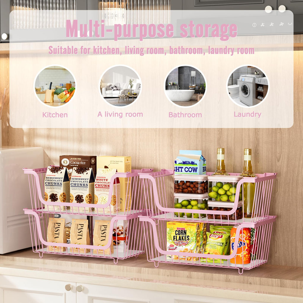 GAOKASE 4 Pcs Stackable Wire Baskets for Pantry Organizers and Storage,Vegetable Fruit Basket for Countertop,Kitchen Storage Metal Baskets,Produce Potato Onion Storage Bin,Black