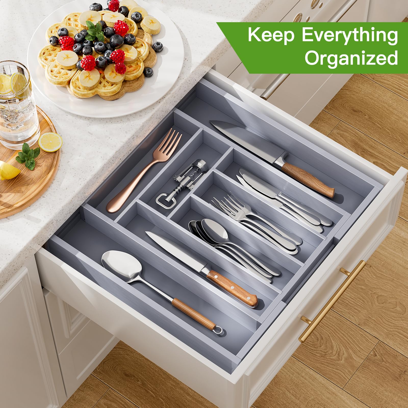 Pipishell Bamboo Expandable Silverware Drawer Organizer