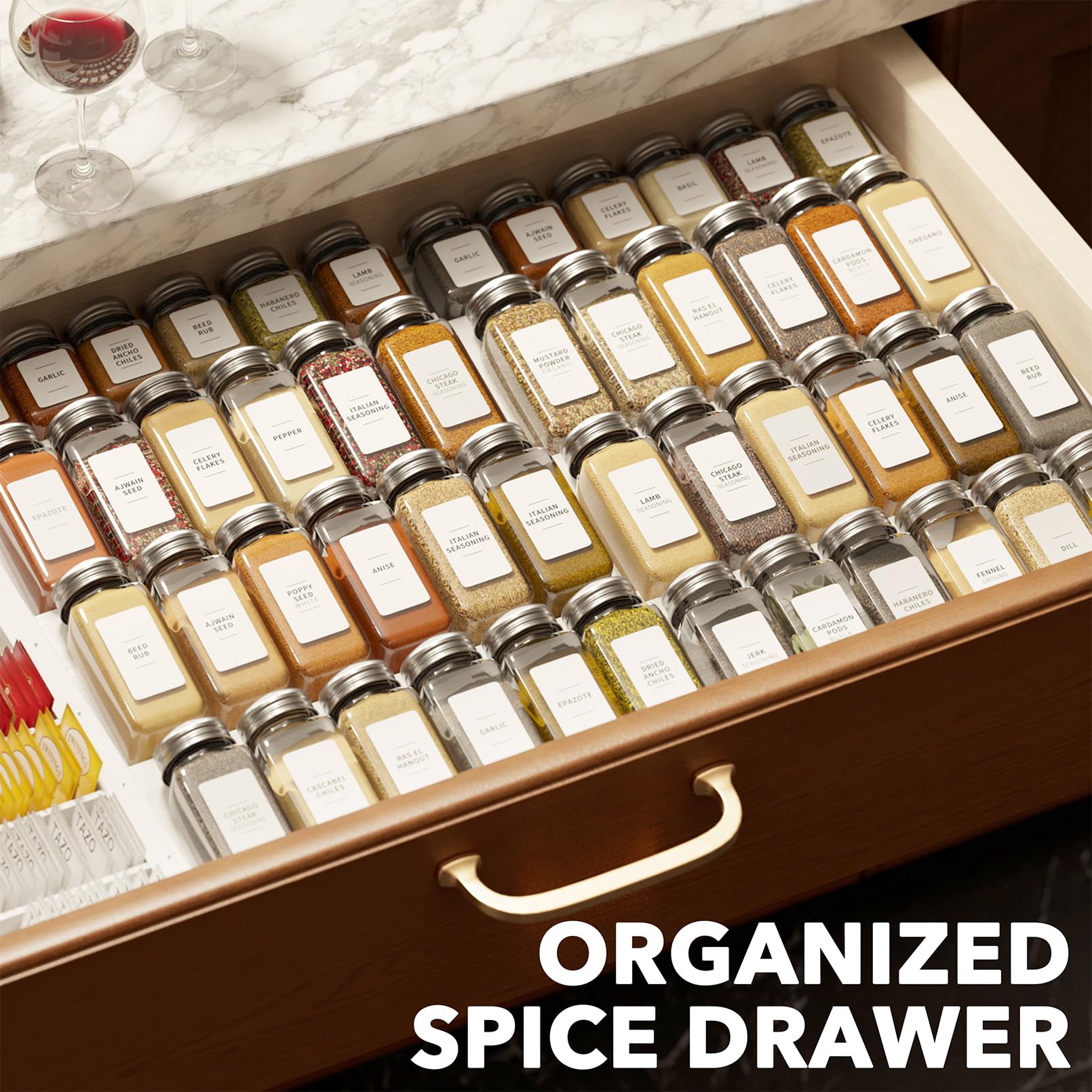 SpaceAid Bamboo Spice Drawer Organizer, (Need 3" Deep Drawer) Expandable 4 Tier Spices Rack for Cabinet, Kitchen Seasoning Storage Insert (Jars Not Included, From 12" to 23" Wide)