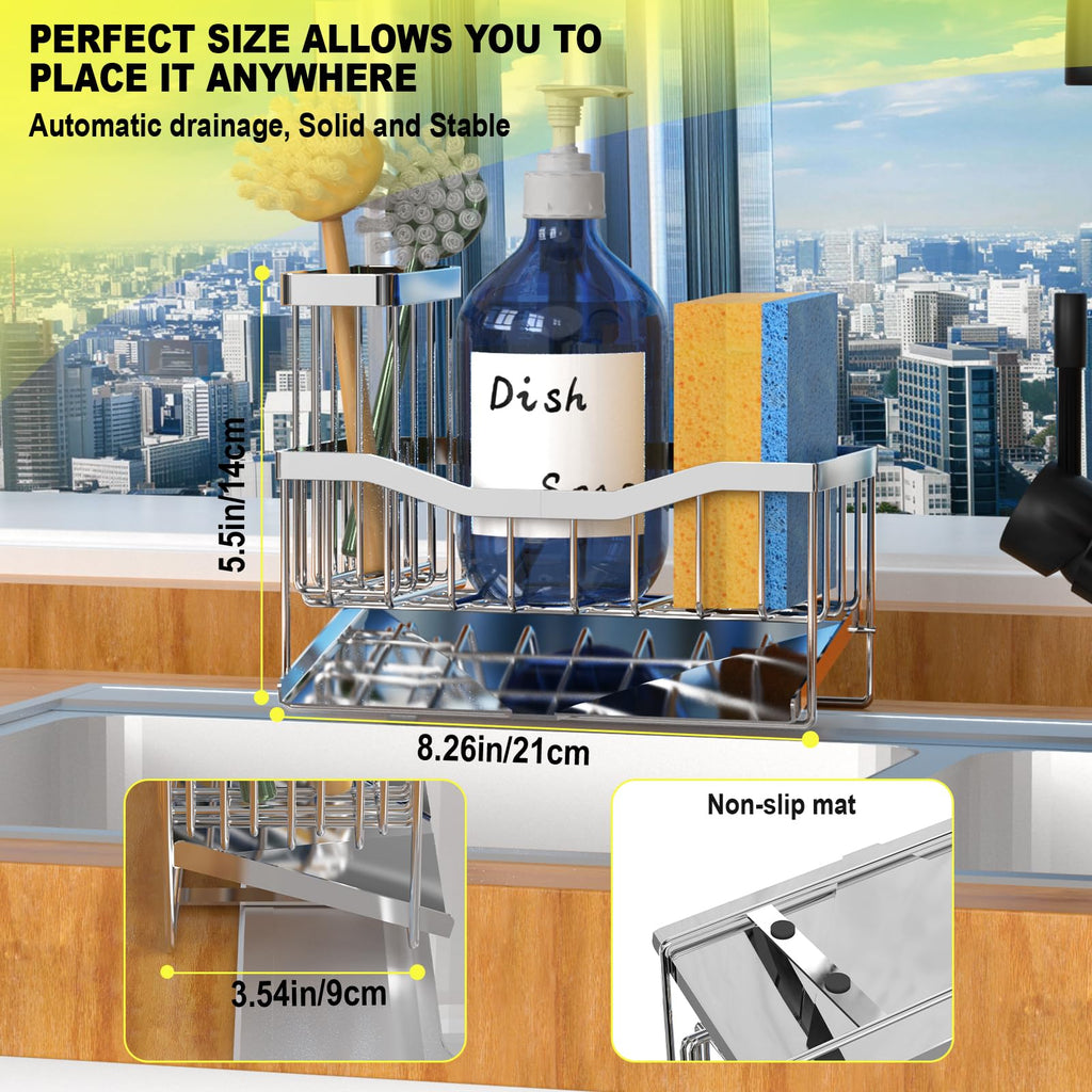 Fssvcd Maifan Sink Caddy Sponge Holder for Kitchen with Brush Holder and Stainless Steel Self Drain Tray, Rustproof Kitchen Sink Organizer for Sponge, Soap Dispenser Storage Accessories