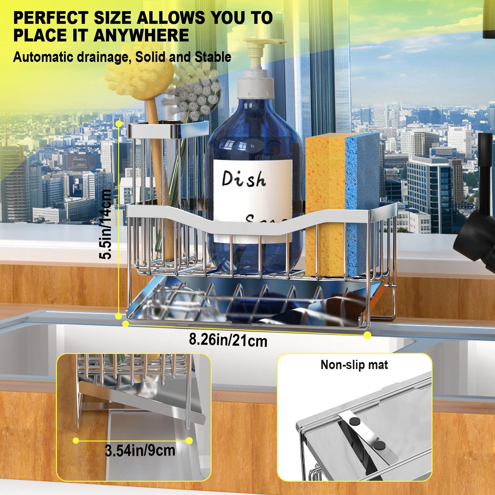 Fssvcd Maifan Sink Caddy Sponge Holder for Kitchen with Brush Holder and Stainless Steel Self Drain Tray, Rustproof Kitchen Sink Organizer for Sponge, Soap Dispenser Storage Accessories