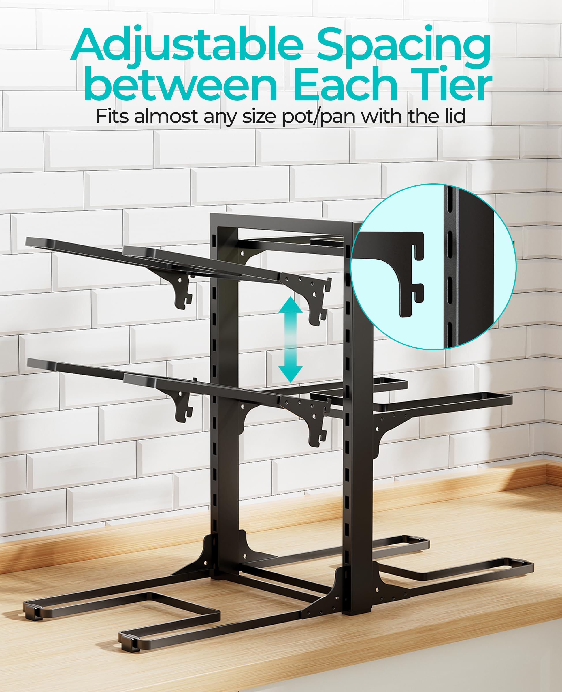 ORDORA Pots and Pans Organizer for Cabinet 16.61 Height, 8 Tier Pot Organizers Rack with 3 DIY Methods, Adjustable Pan Organizer under Cabinet Kitchen Organization and Storage