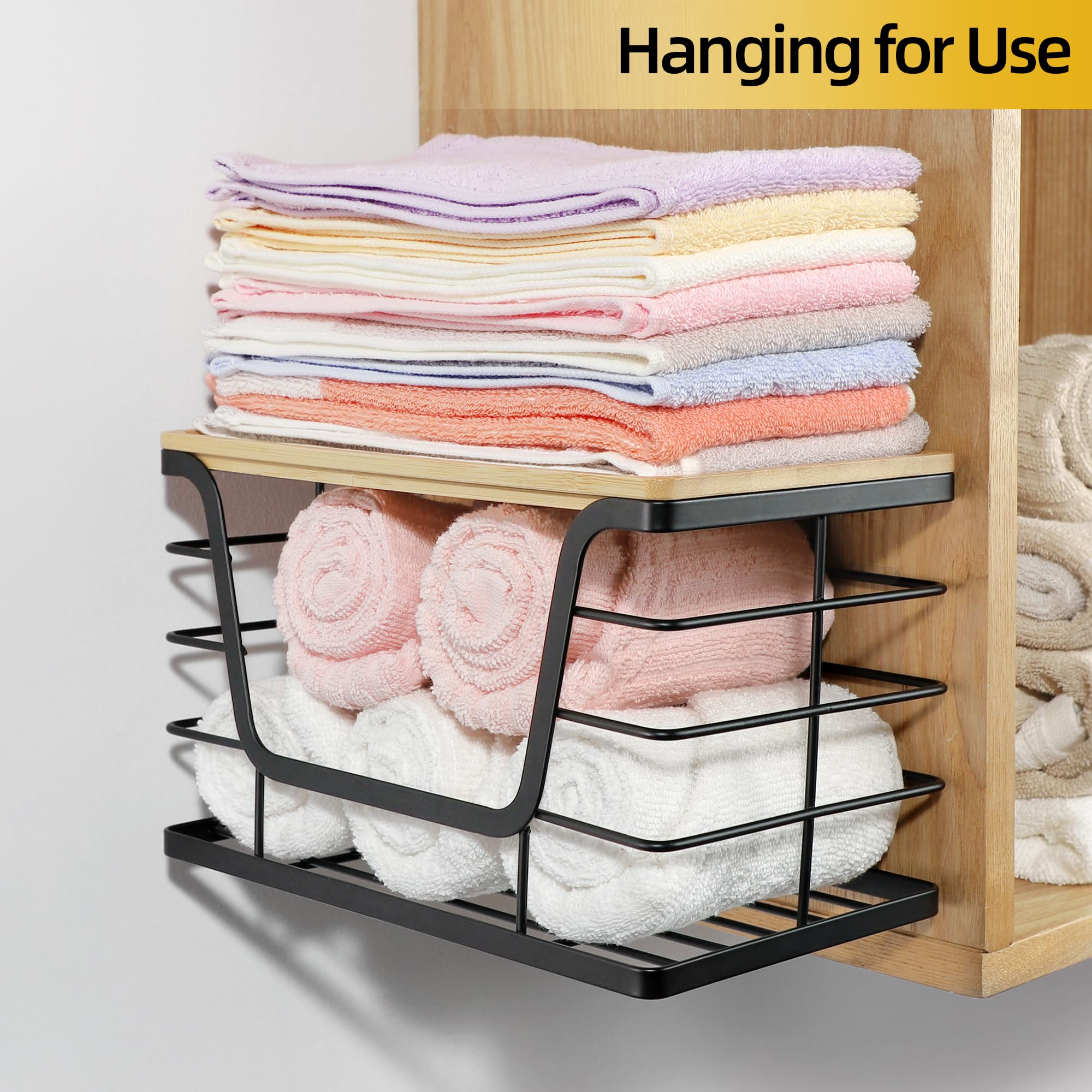 ALOCEO 2 Pack Storage Stackable Kitchen Laundry Organizers with Bamboo Top, Large Trash Bag Holder and Small Garbage Bag Dispenser for Countertop Organization