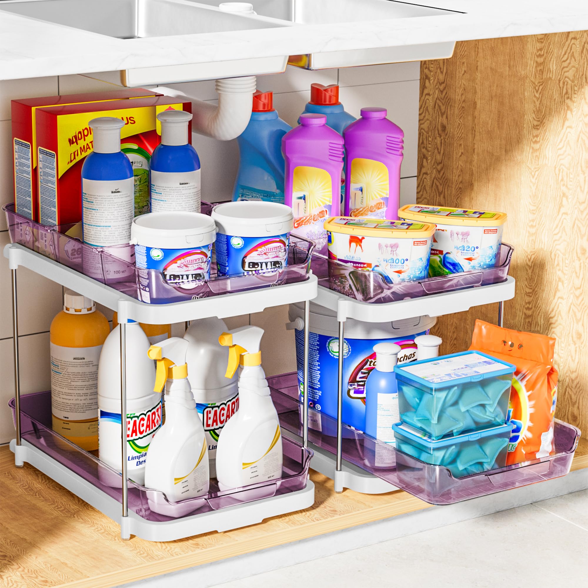 Delamu 2-Tier Multi-Purpose Bathroom Under Sink Organizers and Storage, Stackable Kitchen Pantry Organization, Pull Out Medicine Cabinet Organizer with Movable Dividers, White, 2 Pack