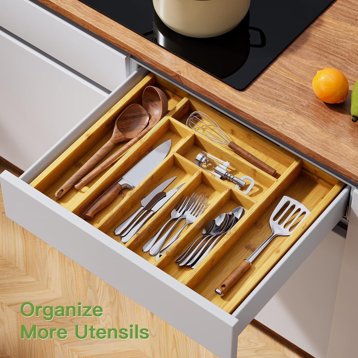 Pipishell Bamboo Expandable Silverware Drawer Organizer