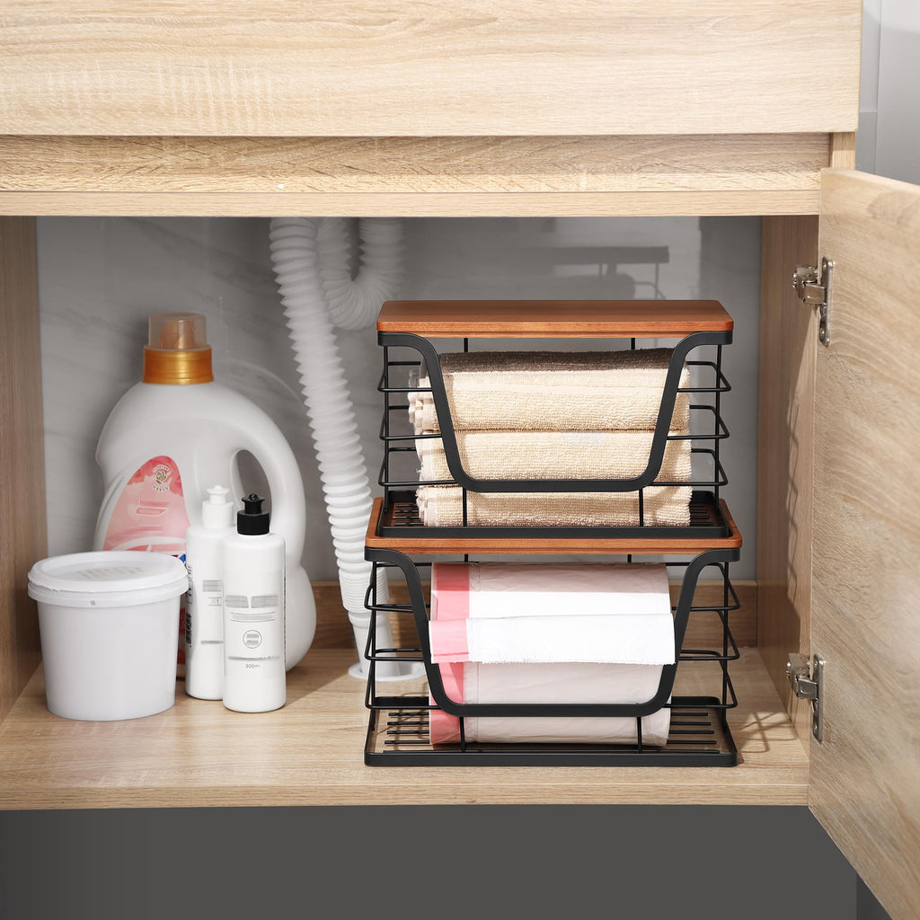 ALOCEO 2 Pack Storage Stackable Kitchen Laundry Organizers with Bamboo Top, Large Trash Bag Holder and Small Garbage Bag Dispenser for Countertop Organization