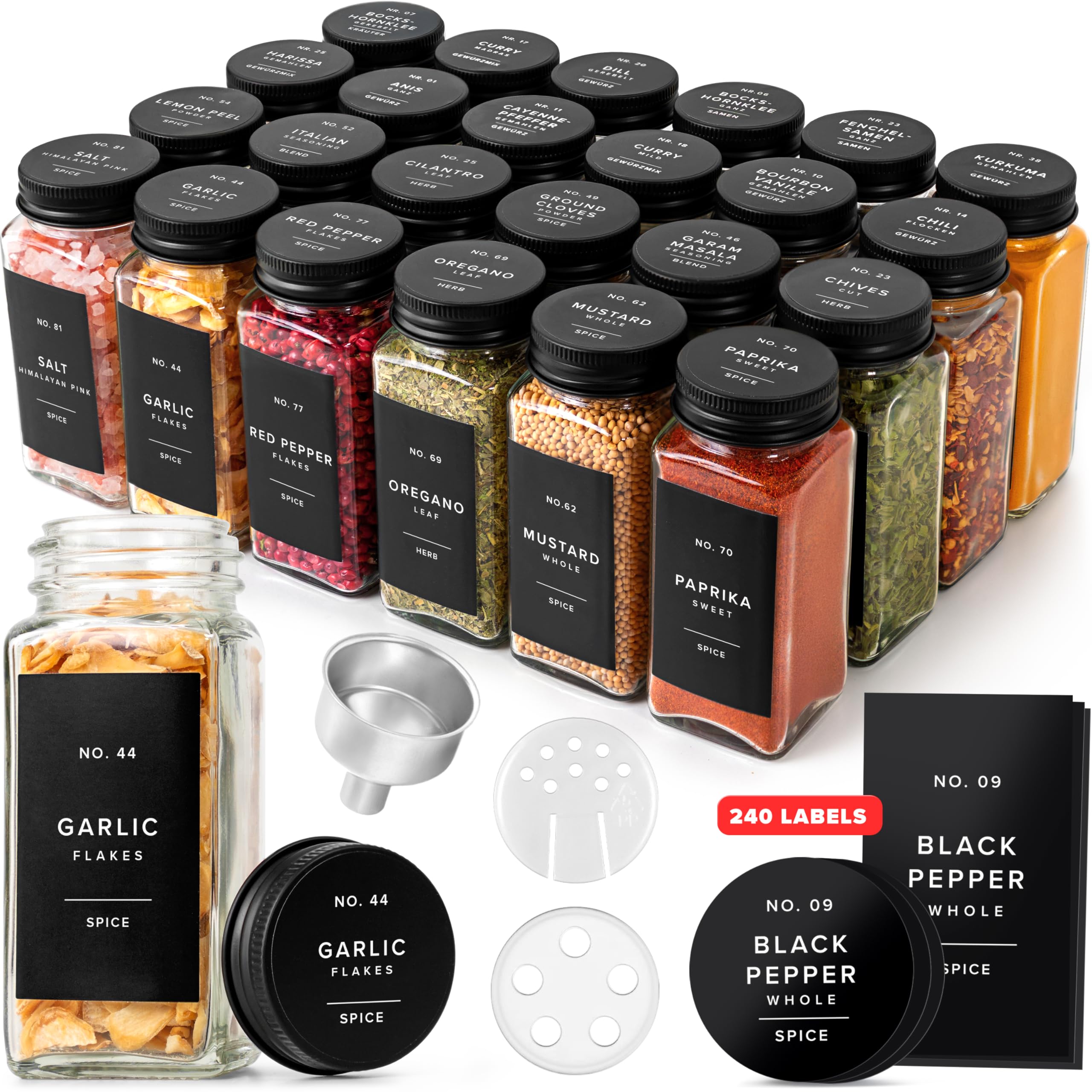 EDELHAUS Glass Spice Jars with Labels (24 x 4oz) Spice Containers with 240 Labels, Shaker Inserts, Funnel, Empty Square Empty Square Seasoning Organizer (Black Lids)