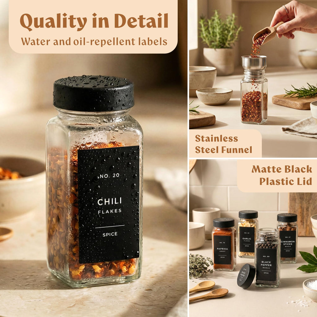 EDELHAUS Glass Spice Jars with Labels (24 x 4oz) Spice Containers with 240 Labels, Shaker Inserts, Funnel, Empty Square Empty Square Seasoning Organizer (Black Lids)