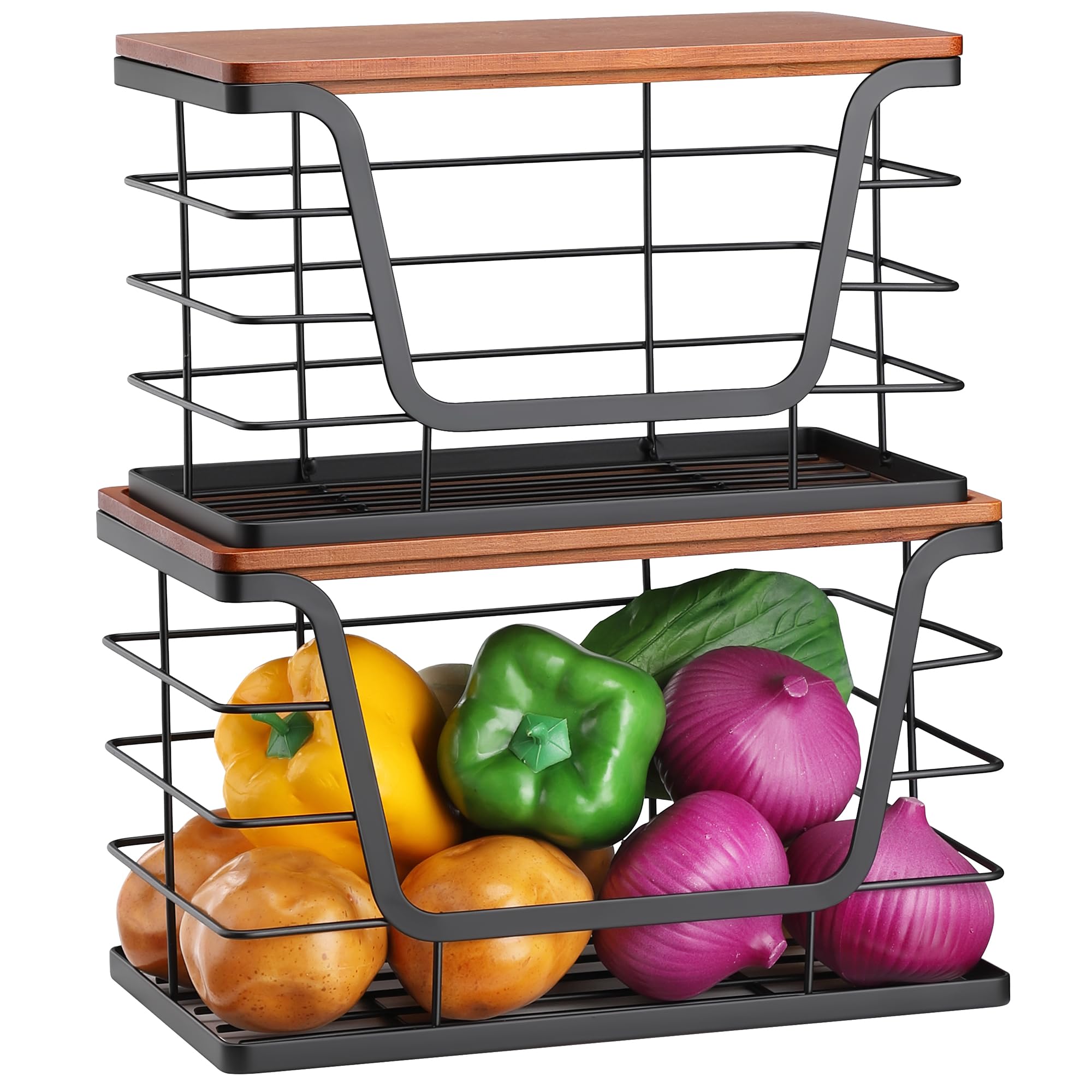 ALOCEO 2 Pack Storage Stackable Kitchen Laundry Organizers with Bamboo Top, Large Trash Bag Holder and Small Garbage Bag Dispenser for Countertop Organization