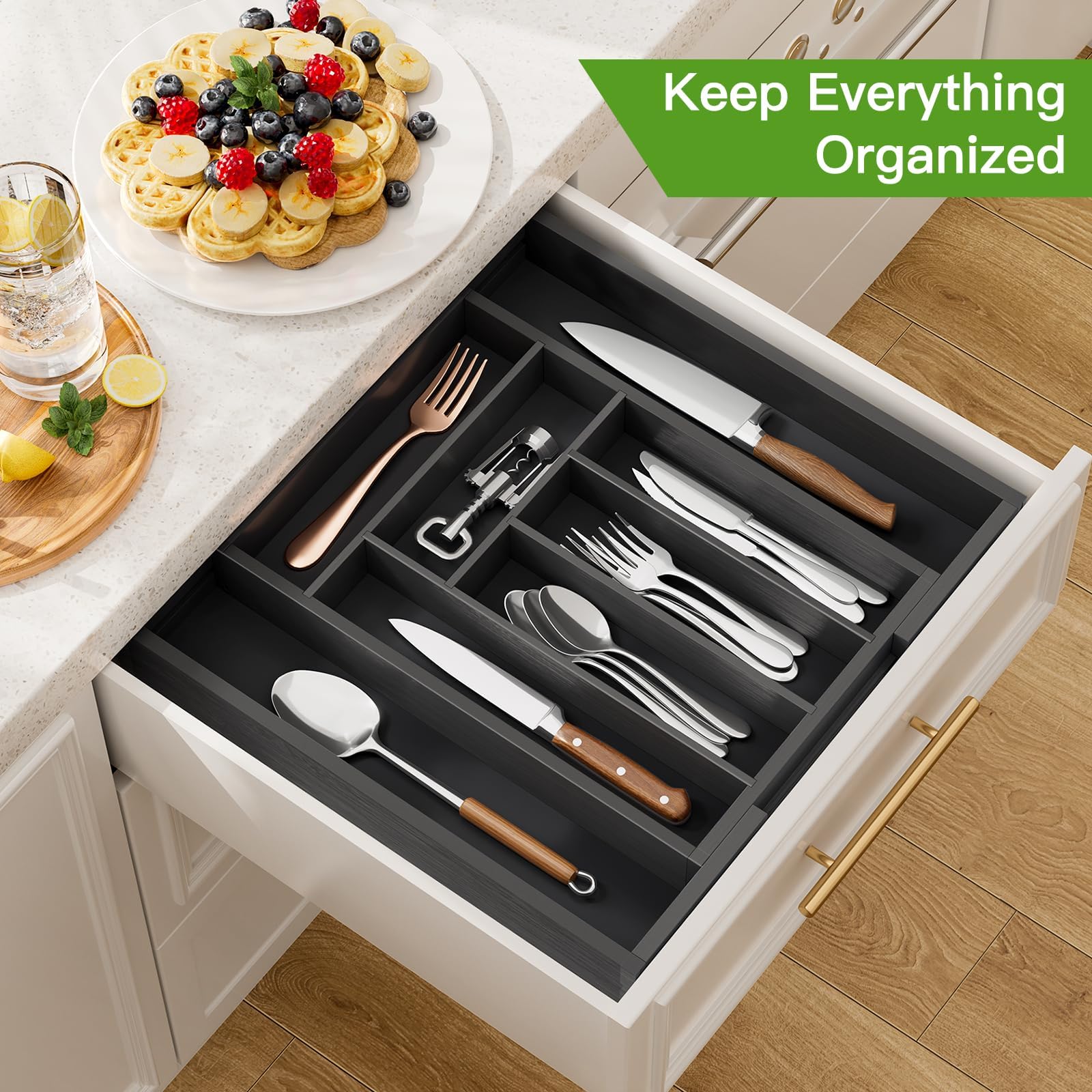 Pipishell Bamboo Expandable Silverware Drawer Organizer