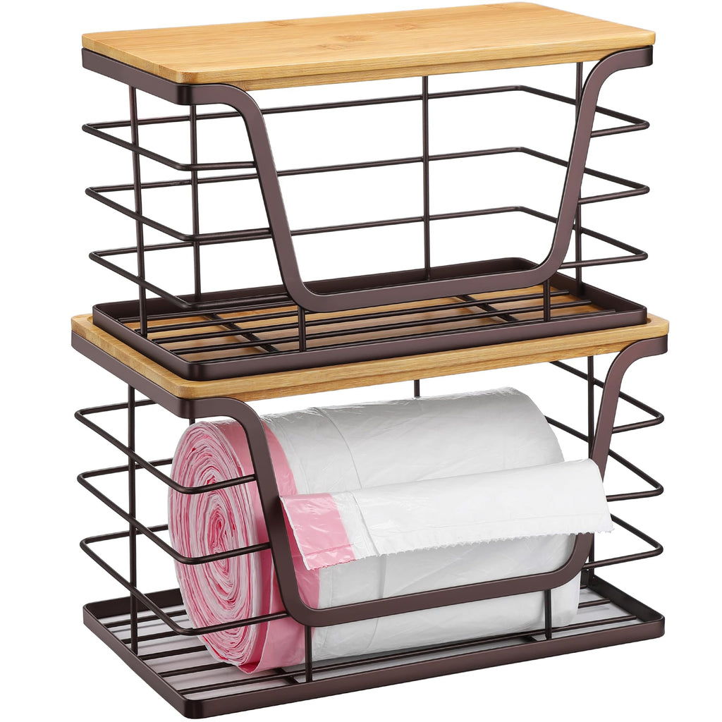 ALOCEO 2 Pack Storage Stackable Kitchen Laundry Organizers with Bamboo Top, Large Trash Bag Holder and Small Garbage Bag Dispenser for Countertop Organization