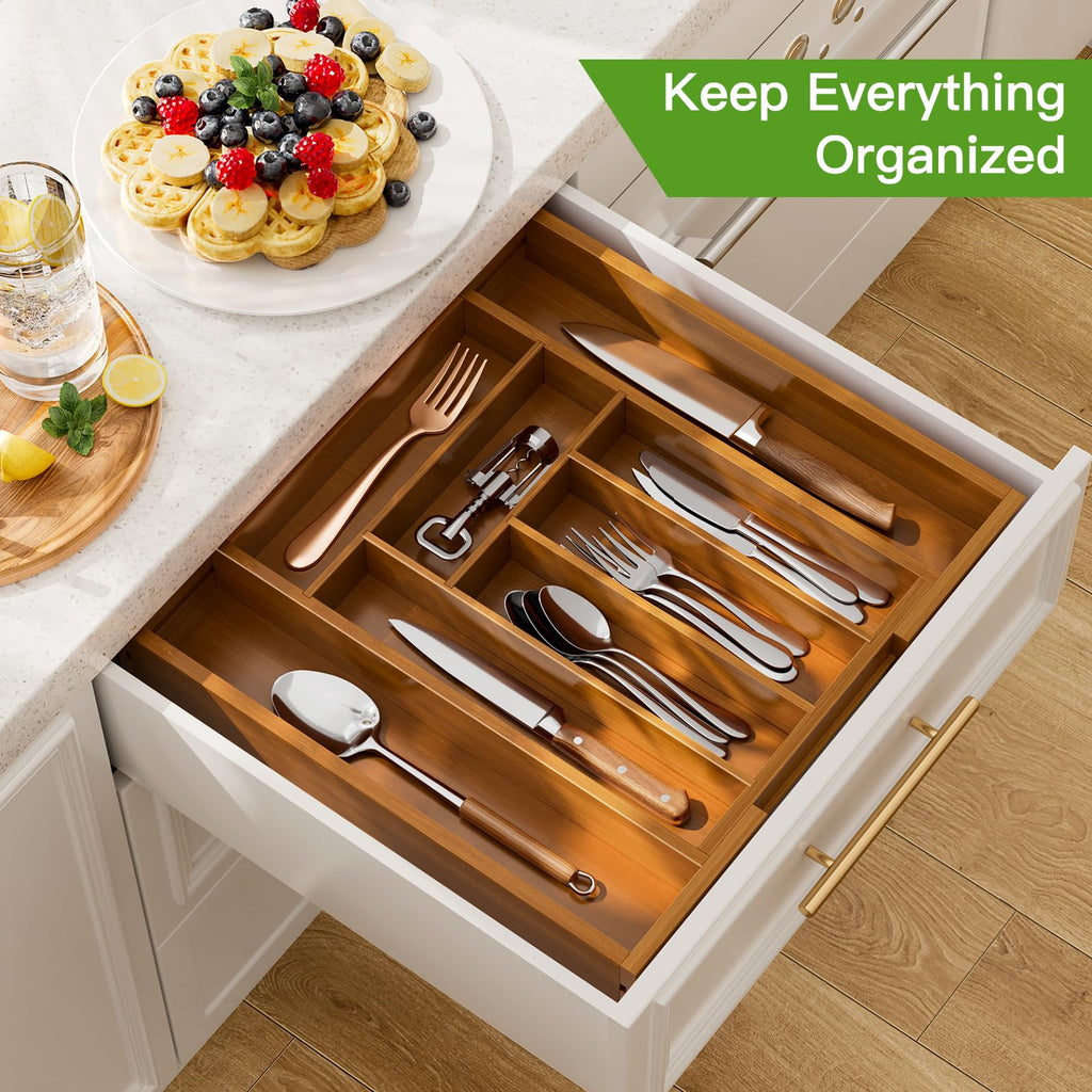 Pipishell Bamboo Expandable Silverware Drawer Organizer
