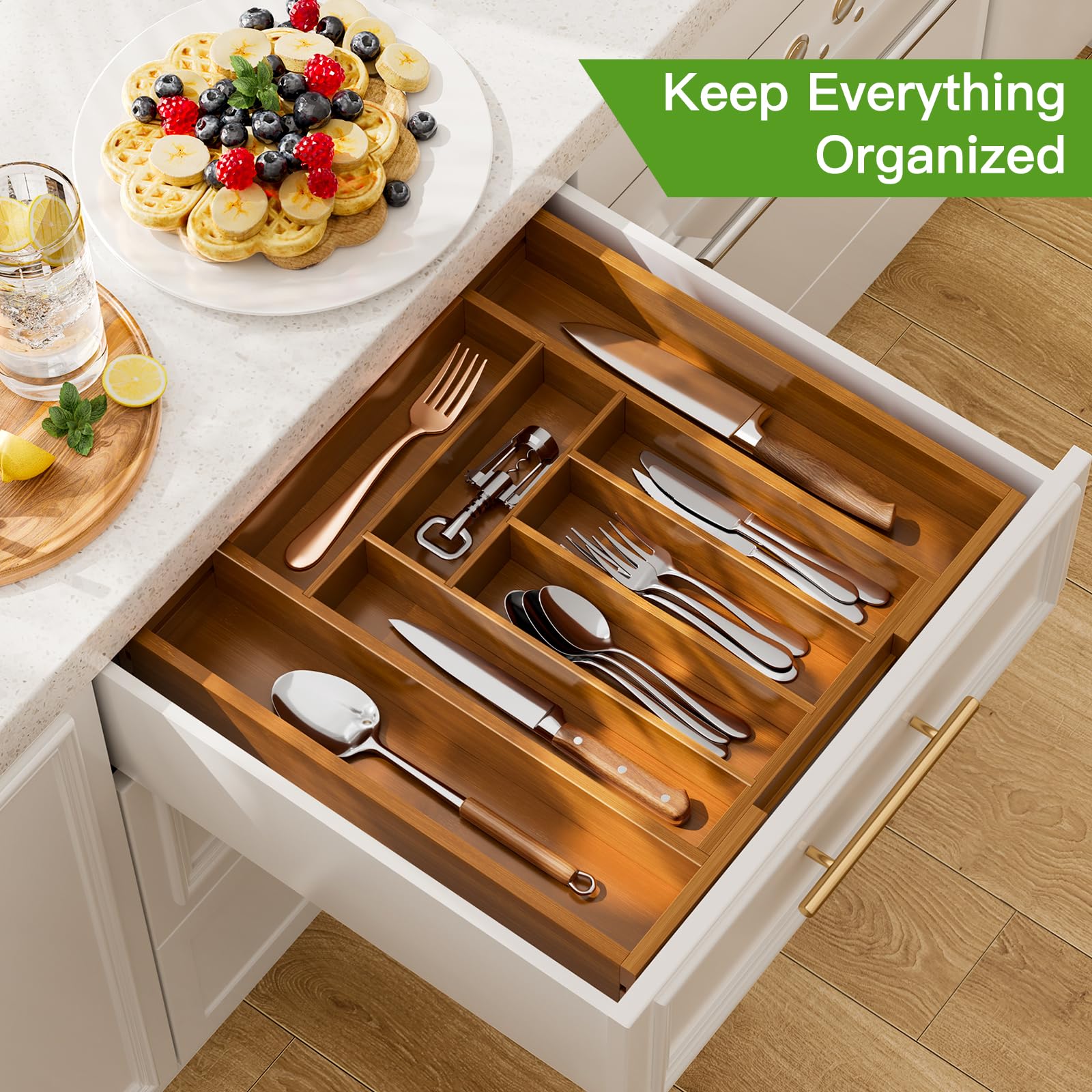 Pipishell Bamboo Expandable Silverware Drawer Organizer
