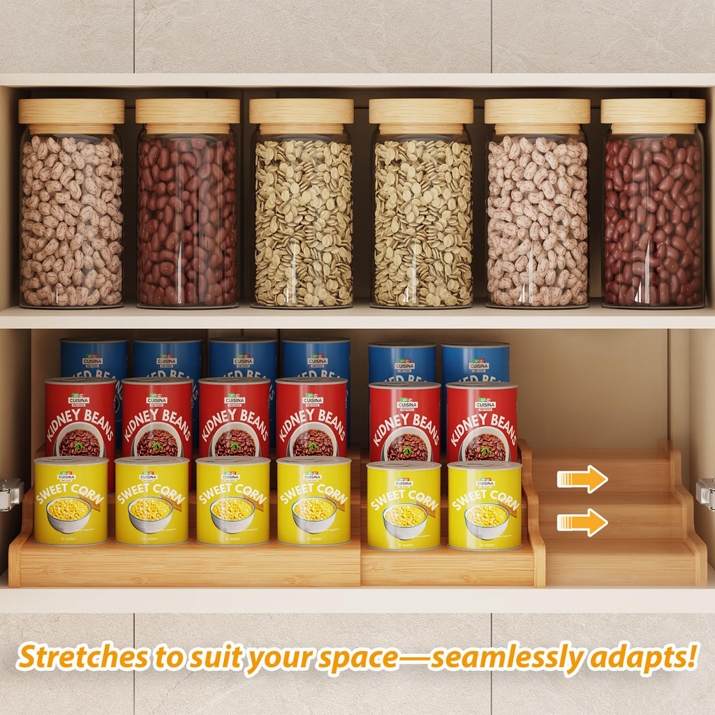 Expandable Bamboo Can Rack Organizer, 3-Tier Adjustable Pantry Storage, Can Holder for Kitchen & Pantry, Canned Food Soda Organizer, Holds Up to 24 Cans, Black (Patent Pending)