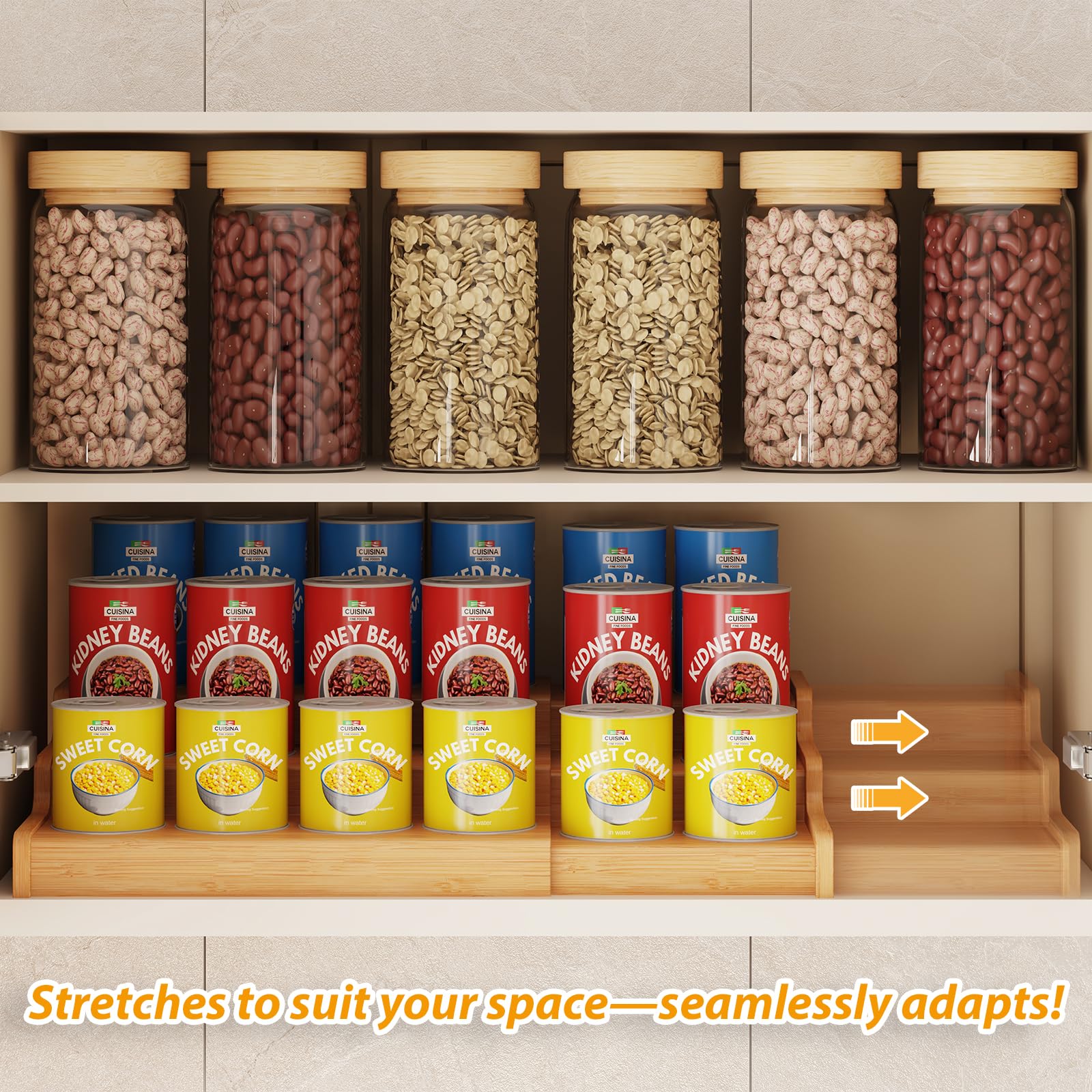 Expandable Bamboo Can Rack Organizer, 3-Tier Adjustable Pantry Storage, Can Holder for Kitchen & Pantry, Canned Food Soda Organizer, Holds Up to 24 Cans, Black (Patent Pending)