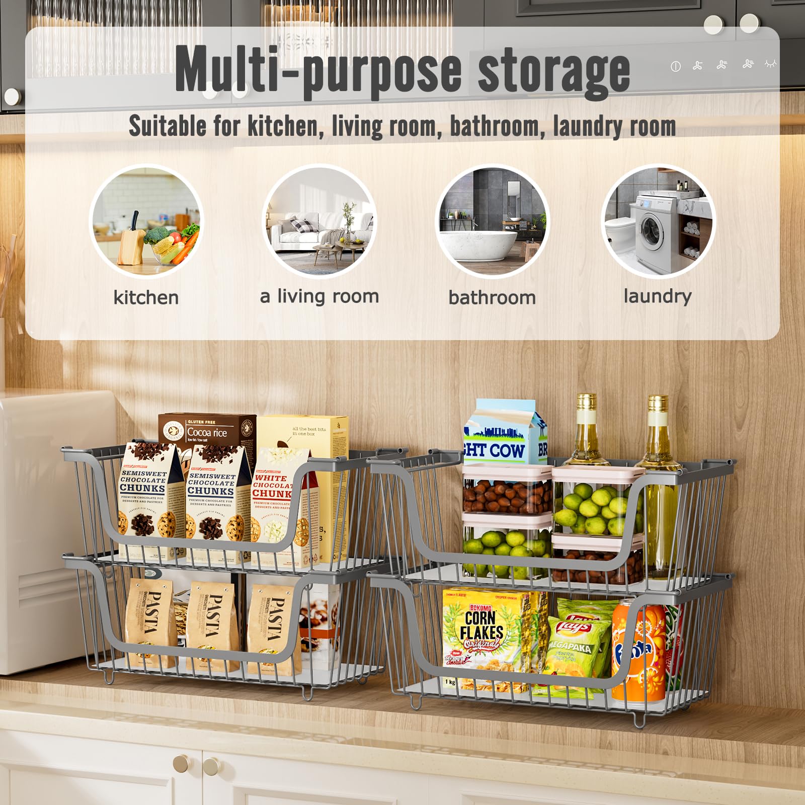 GAOKASE 4 Pcs Stackable Wire Baskets for Pantry Organizers and Storage,Vegetable Fruit Basket for Countertop,Kitchen Storage Metal Baskets,Produce Potato Onion Storage Bin,Black