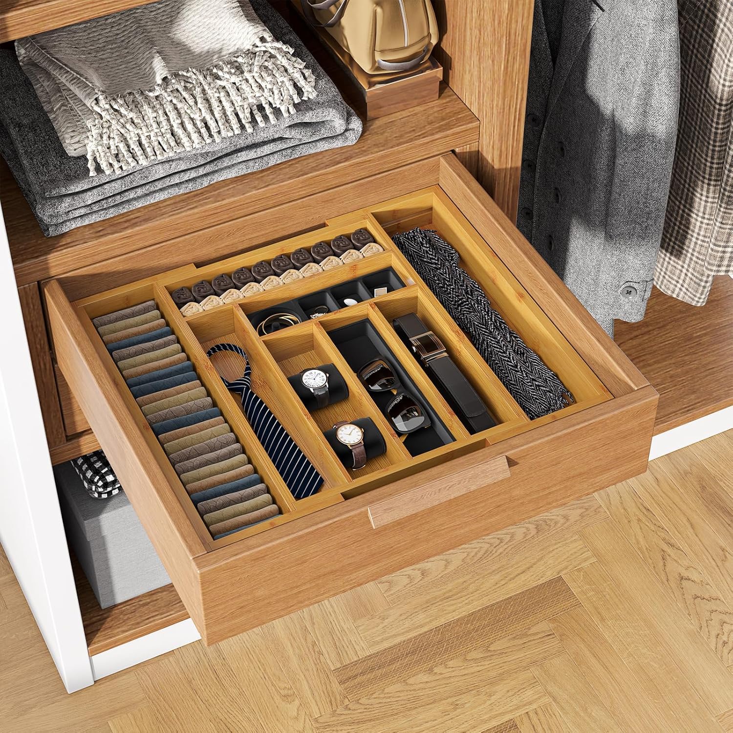 Pipishell Bamboo Expandable Silverware Drawer Organizer