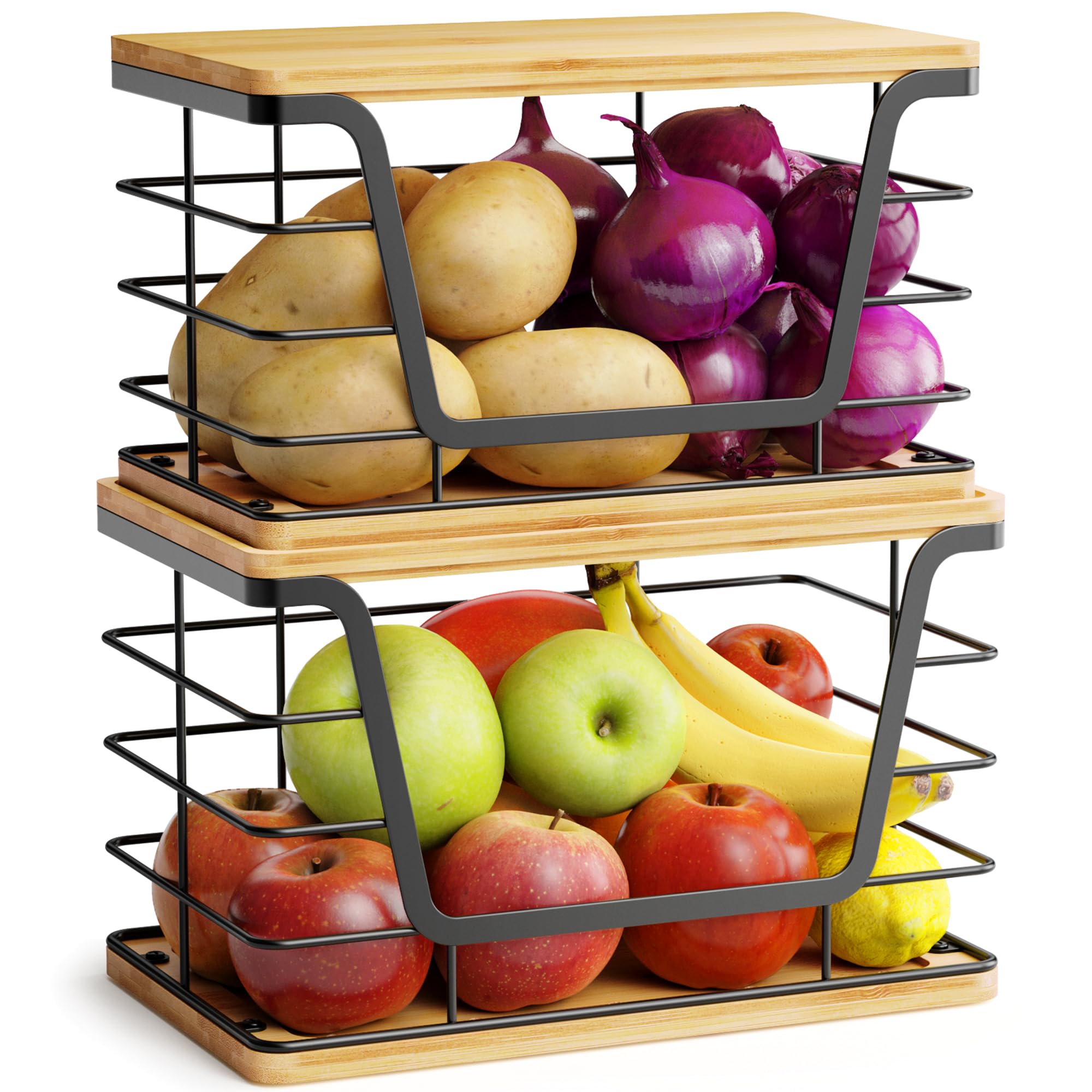 ALOCEO 2 Pack Storage Stackable Kitchen Laundry Organizers with Bamboo Top, Large Trash Bag Holder and Small Garbage Bag Dispenser for Countertop Organization