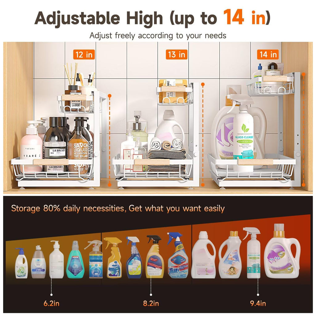 Sevenblue 2 Packs Under Sink Organizer, Height Adjustable 2 Tier Under Kitchen Sink Organizer, Multi-Purpose Storage Shelf for Kitchen Bathroom Cabinet (Black, Large)