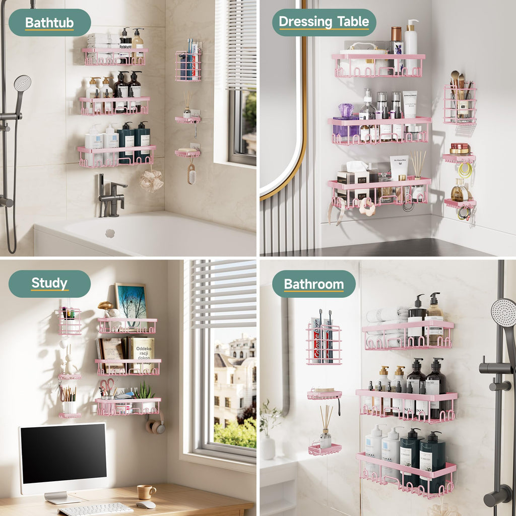 Veken Shower Caddy 6-Pack, Advanced Rustproof Design, No Drilling Adhesive Shelves, Rack with Soap Holder, Large Capacity Bathroom Organizers and Storage, Wall-Mounted Kitchen & Home Decor