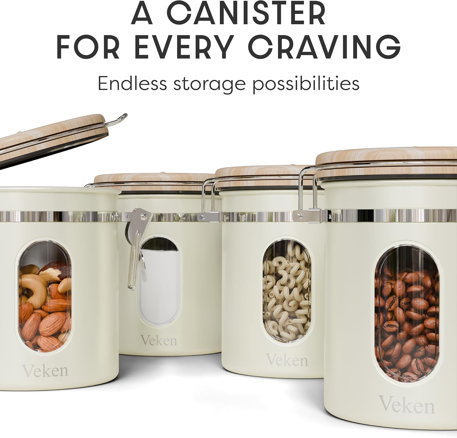 Veken Coffee Canister with Window,Airtight Stainless Steel Pantry Container,Home Kitchen Food Storage Organizers for Ground,Beans,Espresso,Rice,Tea,Sugar,Cereal, Decor,Bar Accessories,Gifts,22OZ,Black