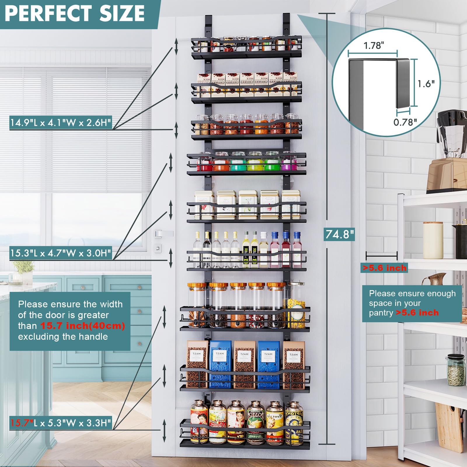 Eastherry Over The Door Pantry Organizer，9-Tier Over The Door Organizer with Adjustable Basket，Metal Hanging Pantry Organizers and Storage for Kitchen, Back of Door Seasoning Rack