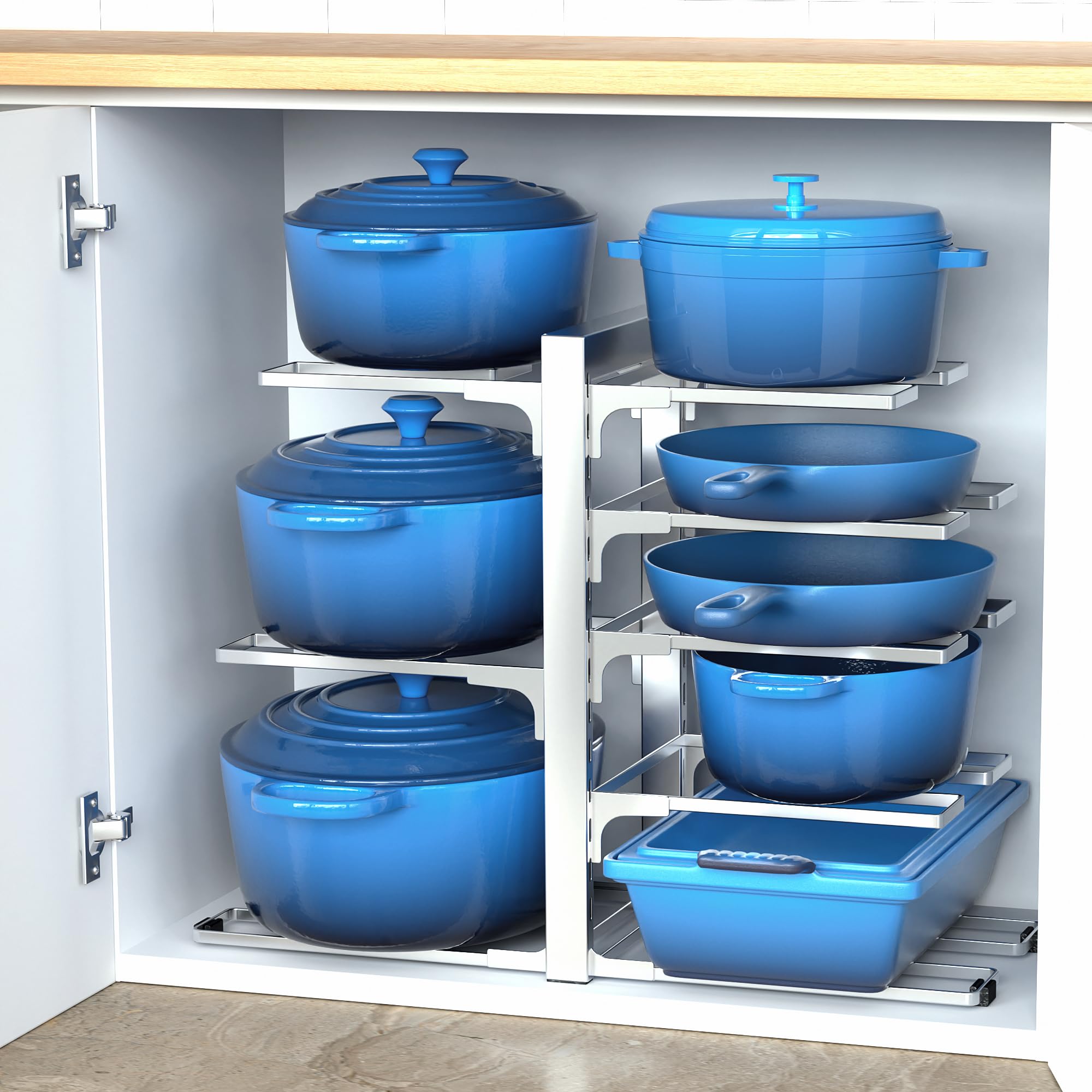 ORDORA Pots and Pans Organizer for Cabinet 16.61 Height, 8 Tier Pot Organizers Rack with 3 DIY Methods, Adjustable Pan Organizer under Cabinet Kitchen Organization and Storage