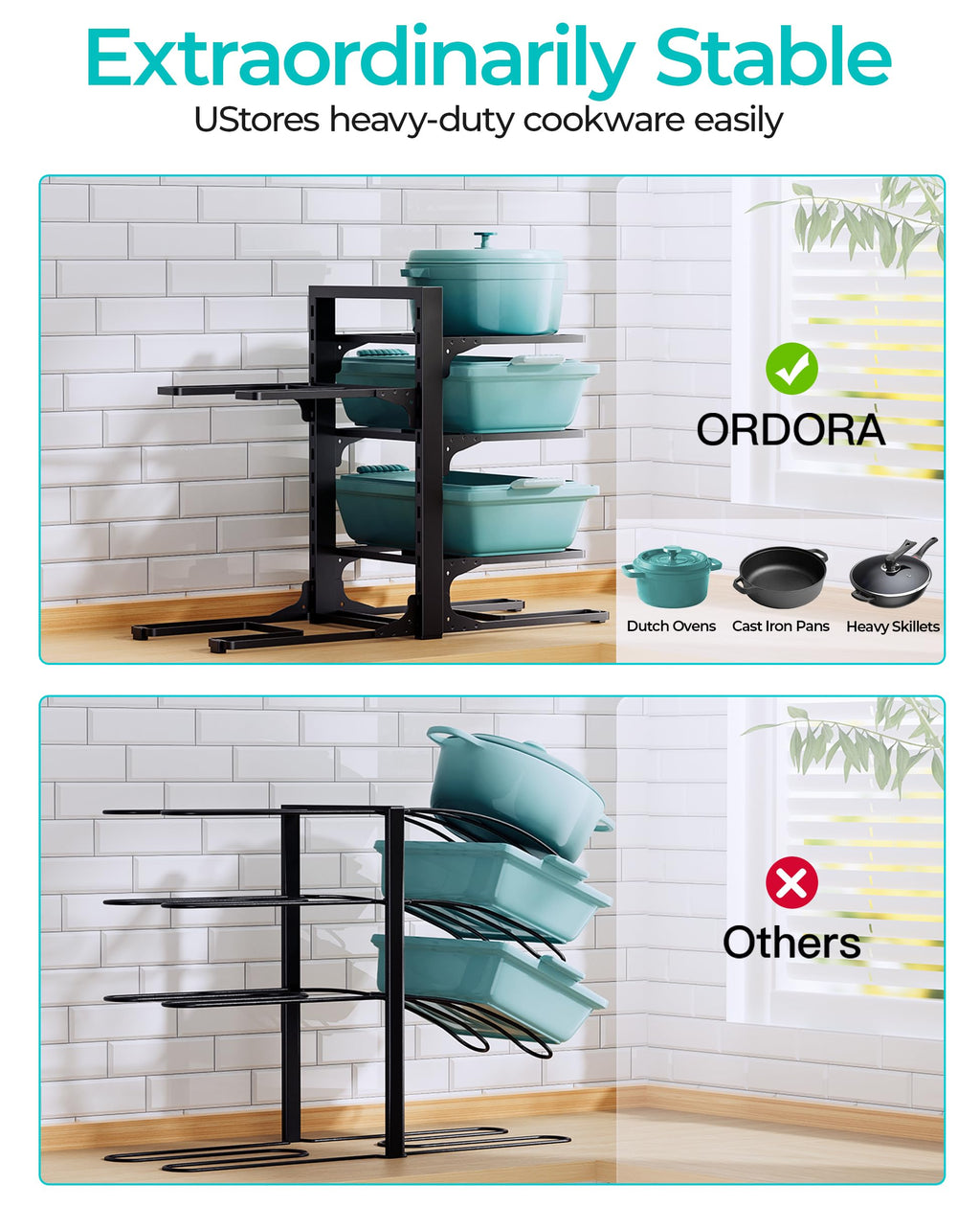 ORDORA Pots and Pans Organizer for Cabinet 16.61 Height, 8 Tier Pot Organizers Rack with 3 DIY Methods, Adjustable Pan Organizer under Cabinet Kitchen Organization and Storage