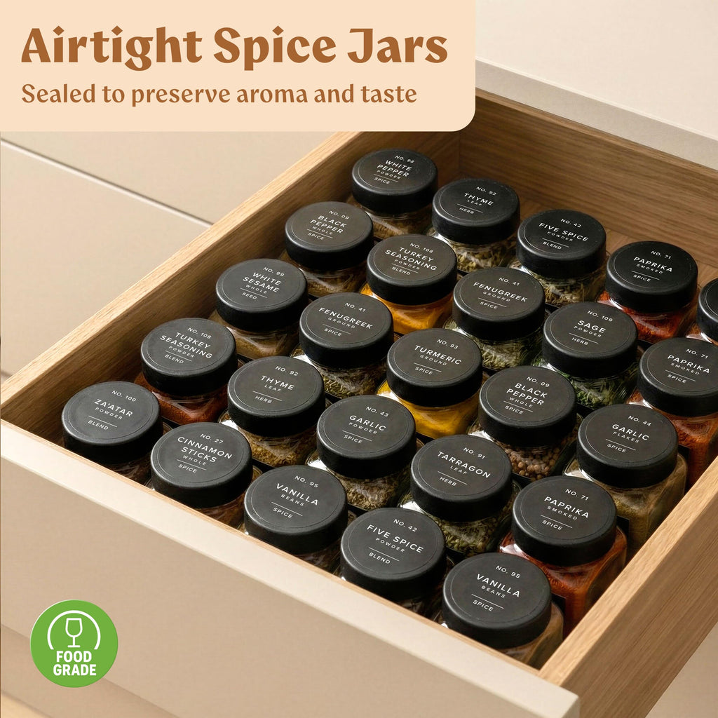 EDELHAUS Glass Spice Jars with Labels (24 x 4oz) Spice Containers with 240 Labels, Shaker Inserts, Funnel, Empty Square Empty Square Seasoning Organizer (Black Lids)