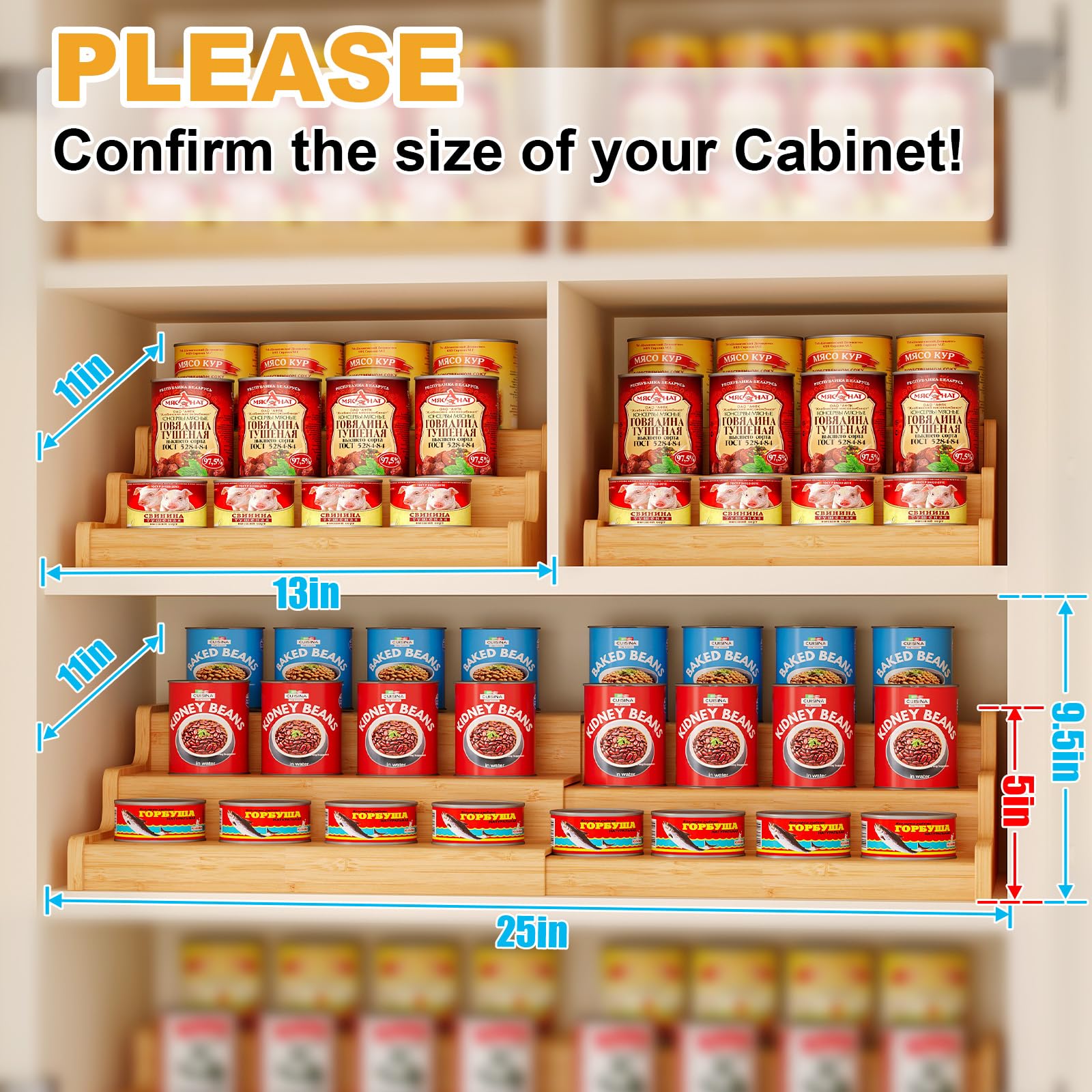 Expandable Bamboo Can Rack Organizer, 3-Tier Adjustable Pantry Storage, Can Holder for Kitchen & Pantry, Canned Food Soda Organizer, Holds Up to 24 Cans, Black (Patent Pending)