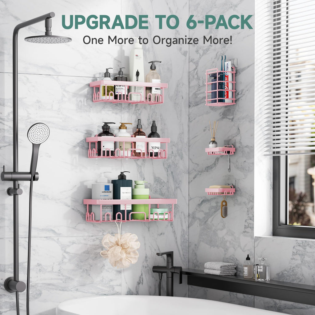 Veken Shower Caddy 6-Pack, Advanced Rustproof Design, No Drilling Adhesive Shelves, Rack with Soap Holder, Large Capacity Bathroom Organizers and Storage, Wall-Mounted Kitchen & Home Decor