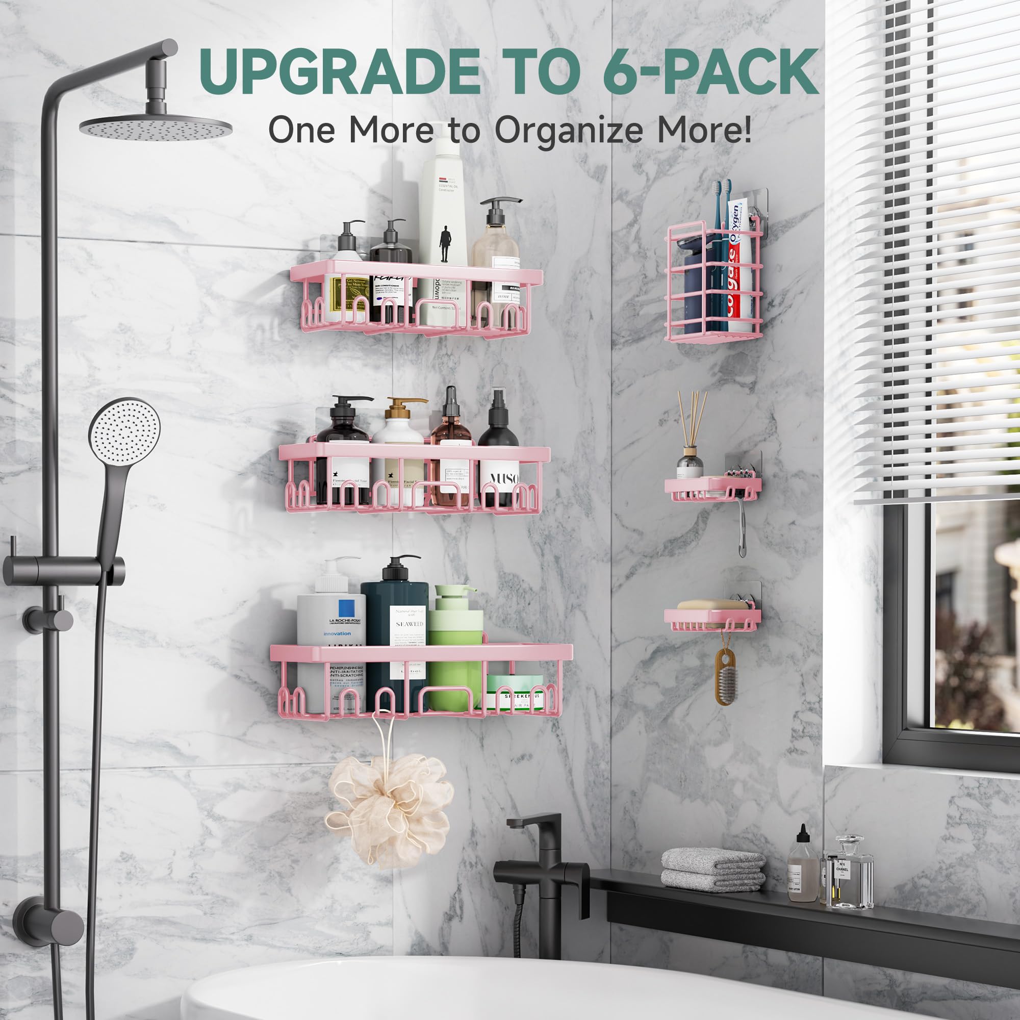 Veken Shower Caddy 6-Pack, Advanced Rustproof Design, No Drilling Adhesive Shelves, Rack with Soap Holder, Large Capacity Bathroom Organizers and Storage, Wall-Mounted Kitchen & Home Decor