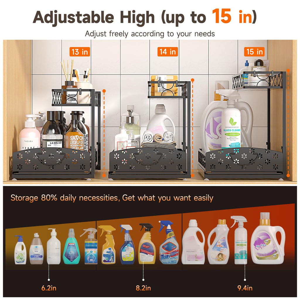 Sevenblue 2 Packs Under Sink Organizer, Height Adjustable 2 Tier Under Kitchen Sink Organizer, Multi-Purpose Storage Shelf for Kitchen Bathroom Cabinet (Black, Large)