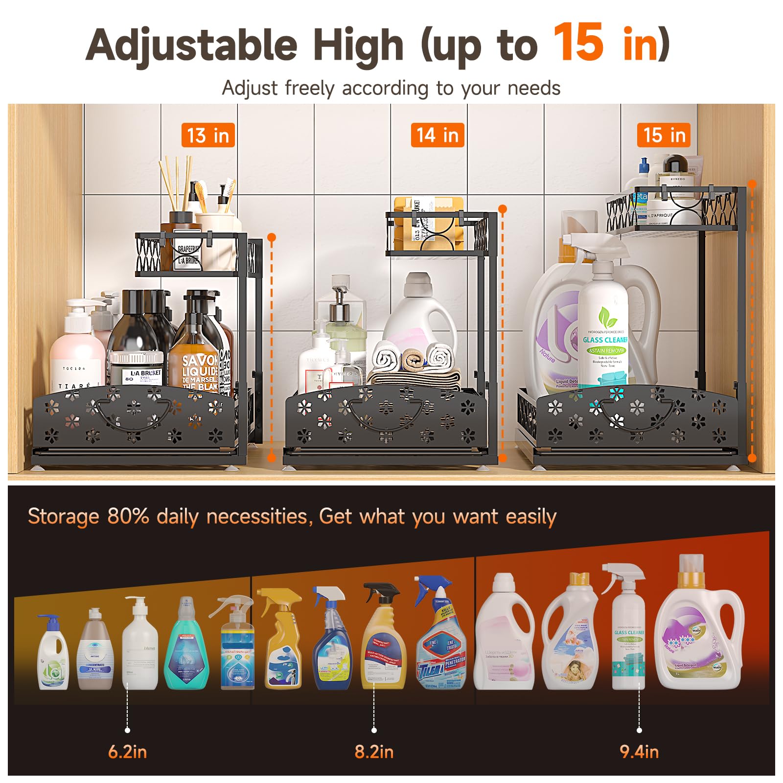 Sevenblue 2 Packs Under Sink Organizer, Height Adjustable 2 Tier Under Kitchen Sink Organizer, Multi-Purpose Storage Shelf for Kitchen Bathroom Cabinet (Black, Large)