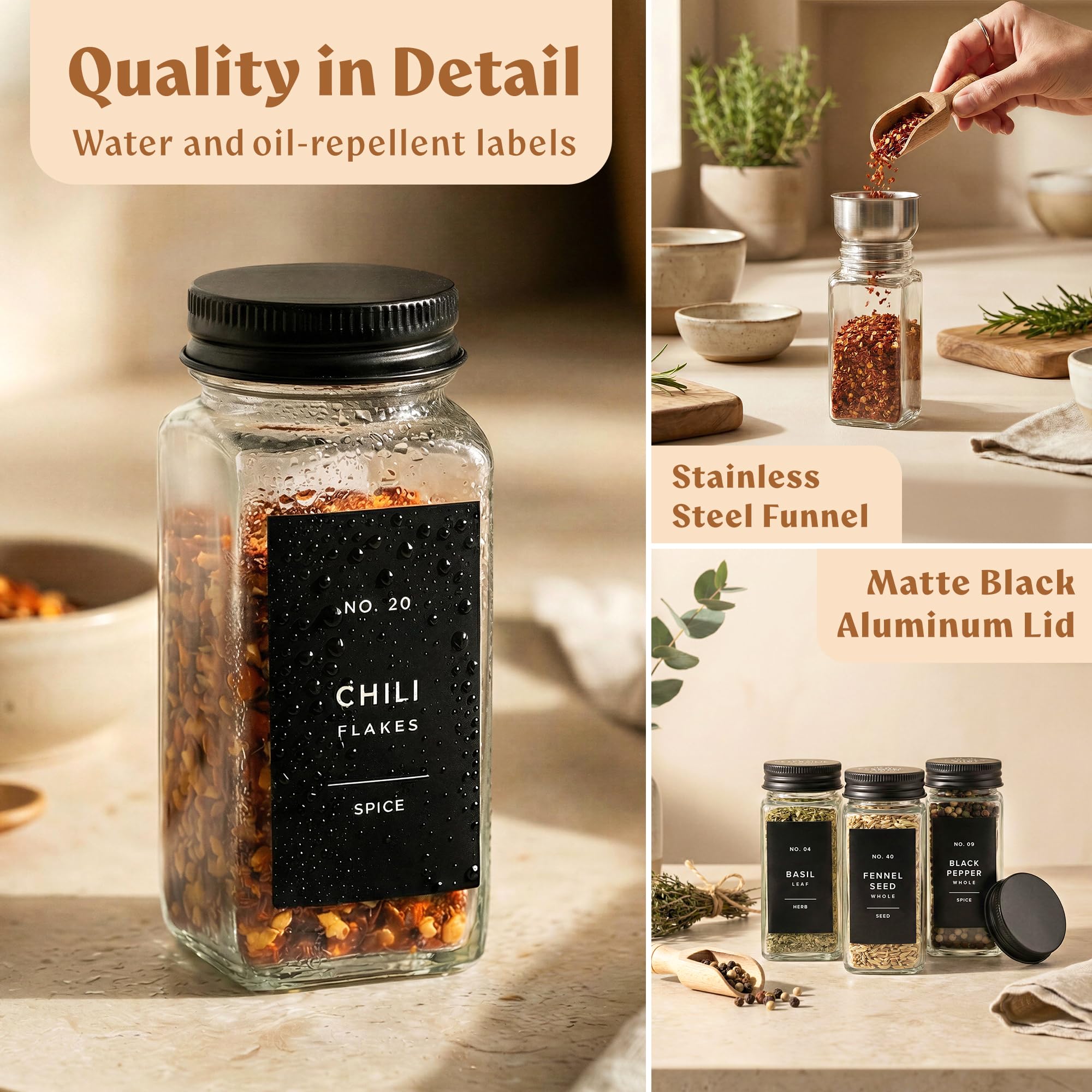 EDELHAUS Glass Spice Jars with Labels (24 x 4oz) Spice Containers with 240 Labels, Shaker Inserts, Funnel, Empty Square Empty Square Seasoning Organizer (Black Lids)