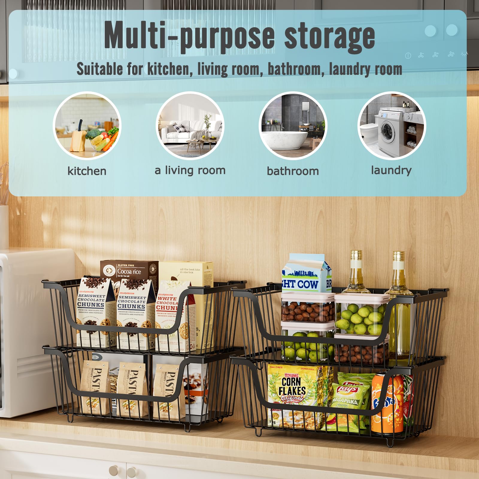 GAOKASE 4 Pcs Stackable Wire Baskets for Pantry Organizers and Storage,Vegetable Fruit Basket for Countertop,Kitchen Storage Metal Baskets,Produce Potato Onion Storage Bin,Black