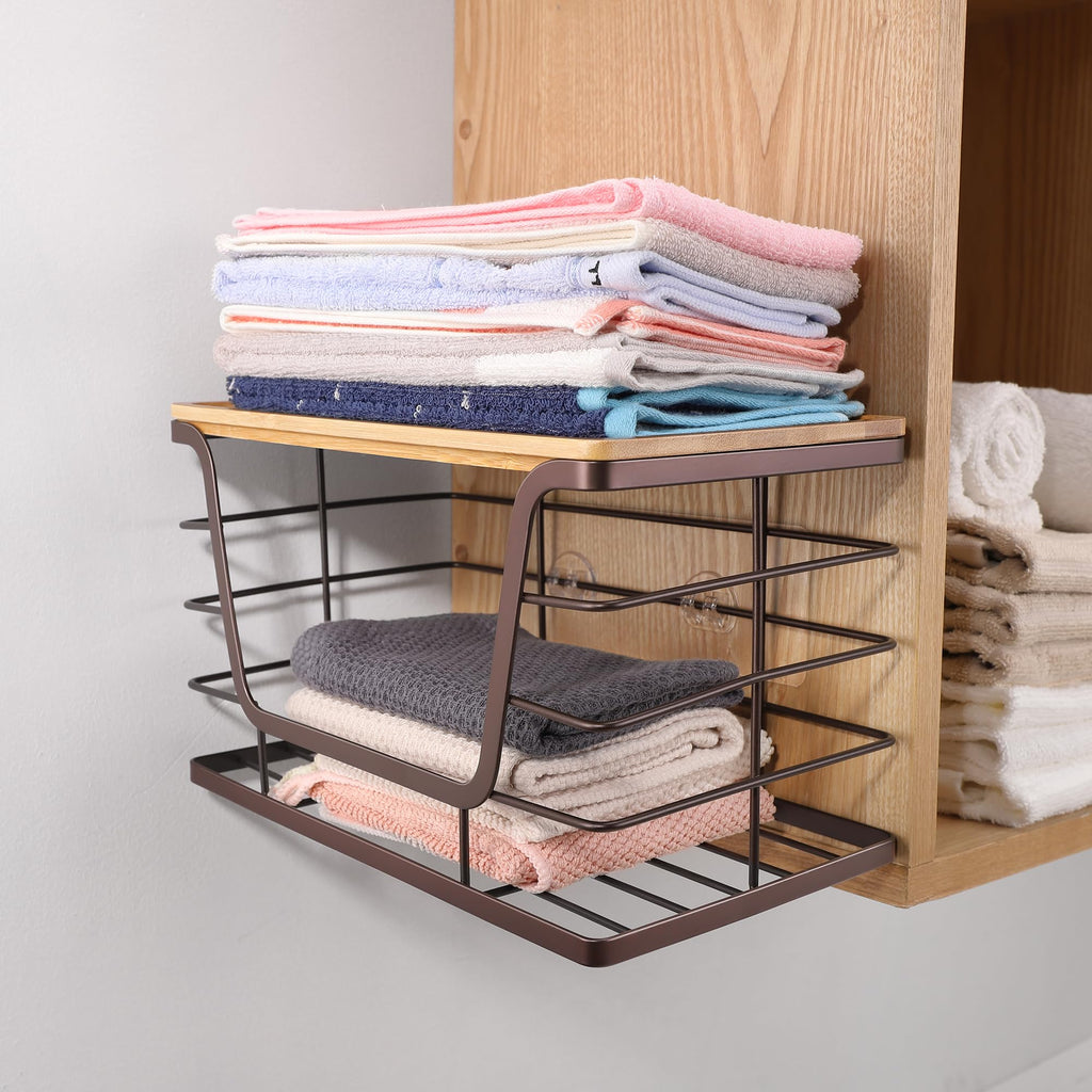 ALOCEO 2 Pack Storage Stackable Kitchen Laundry Organizers with Bamboo Top, Large Trash Bag Holder and Small Garbage Bag Dispenser for Countertop Organization