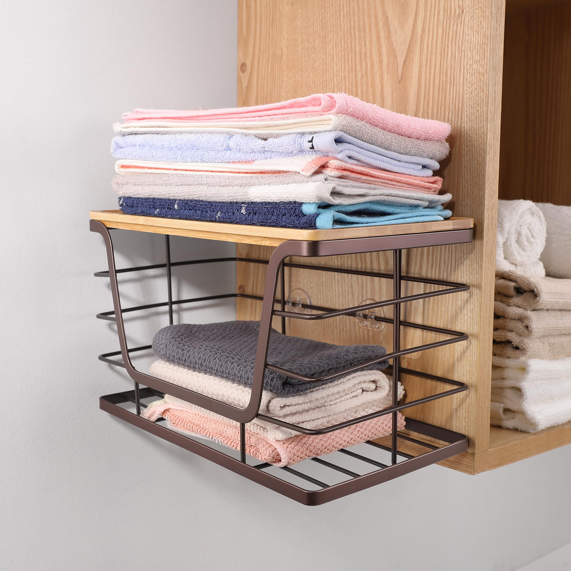 ALOCEO 2 Pack Storage Stackable Kitchen Laundry Organizers with Bamboo Top, Large Trash Bag Holder and Small Garbage Bag Dispenser for Countertop Organization