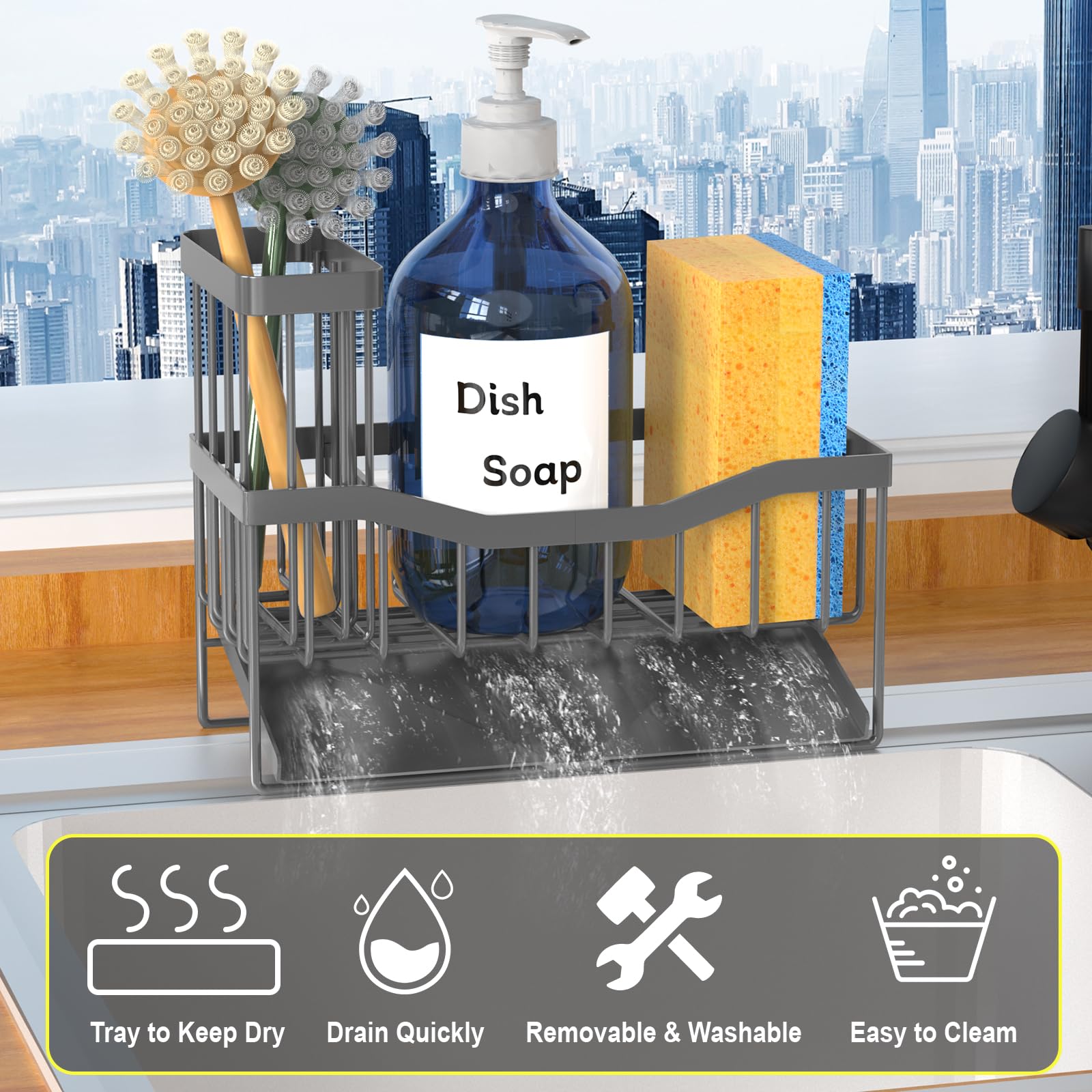 Fssvcd Maifan Sink Caddy Sponge Holder for Kitchen with Brush Holder and Stainless Steel Self Drain Tray, Rustproof Kitchen Sink Organizer for Sponge, Soap Dispenser Storage Accessories